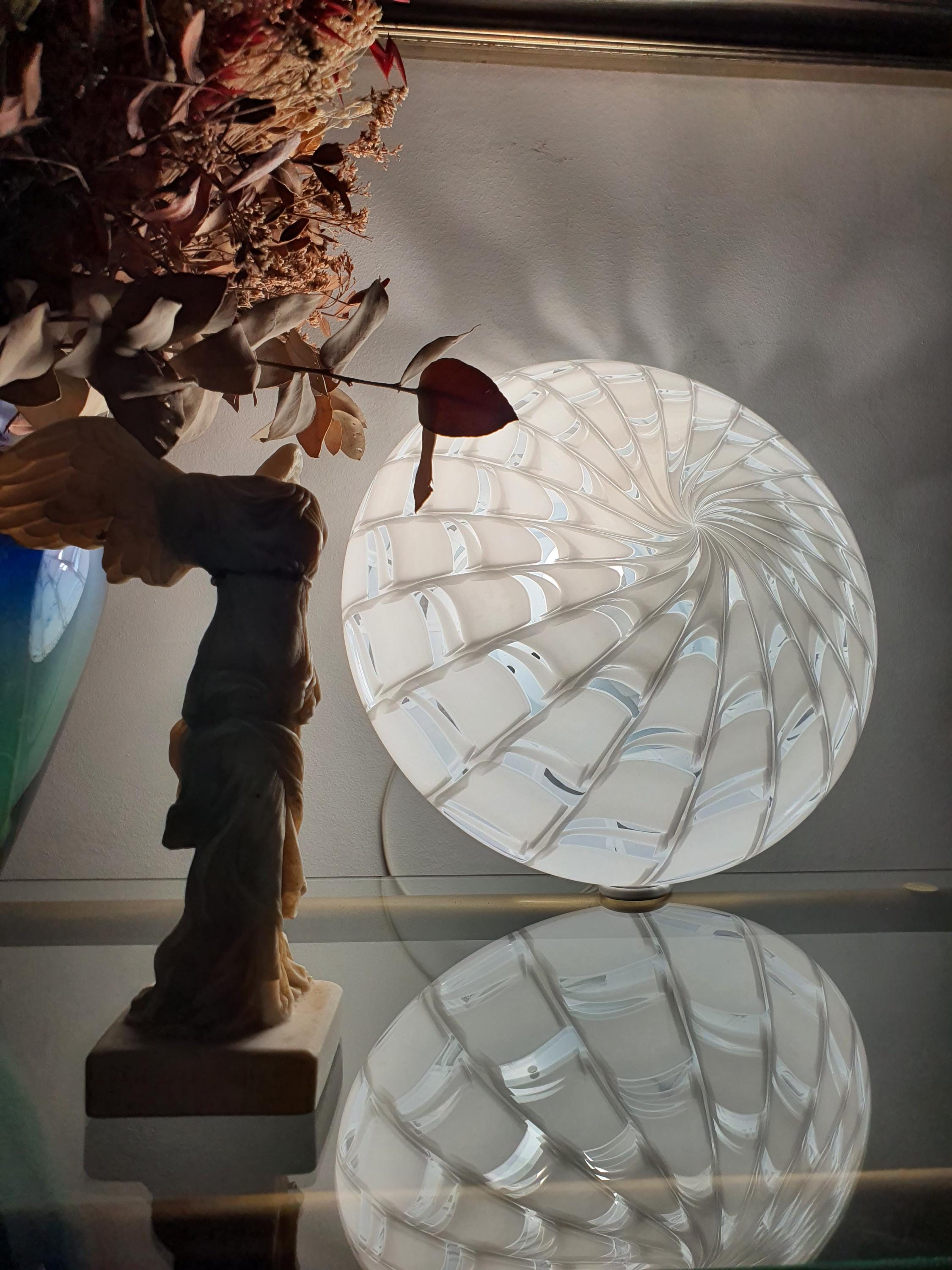 Murano starburst flush mount side profile, showing 12cm low-profile depth, white and clear spiderweb glass pattern