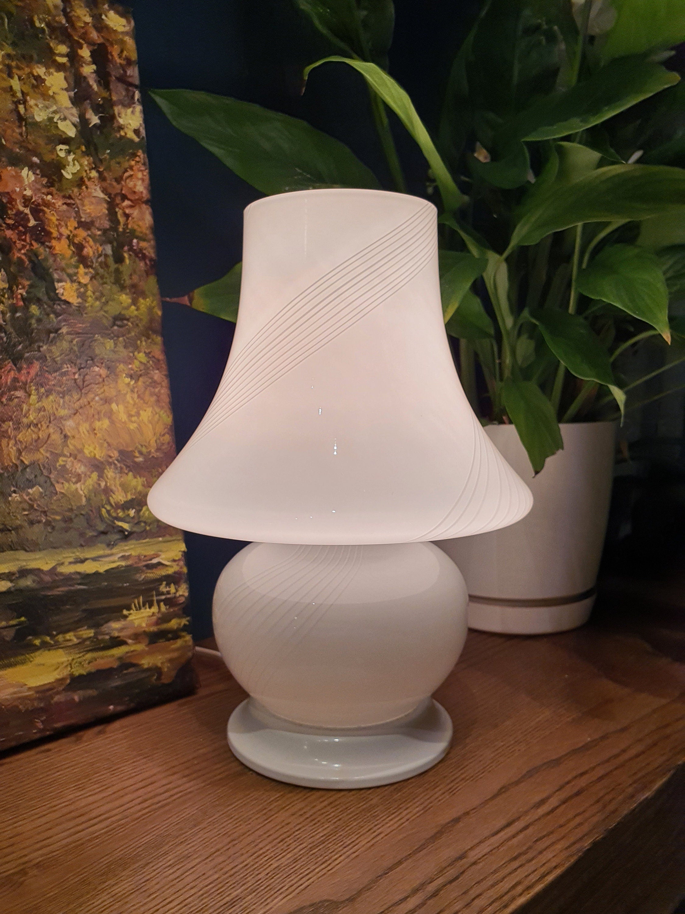 Vintage Murano Glass Mushroom Lamp: White Swirl MCM Bedside Light