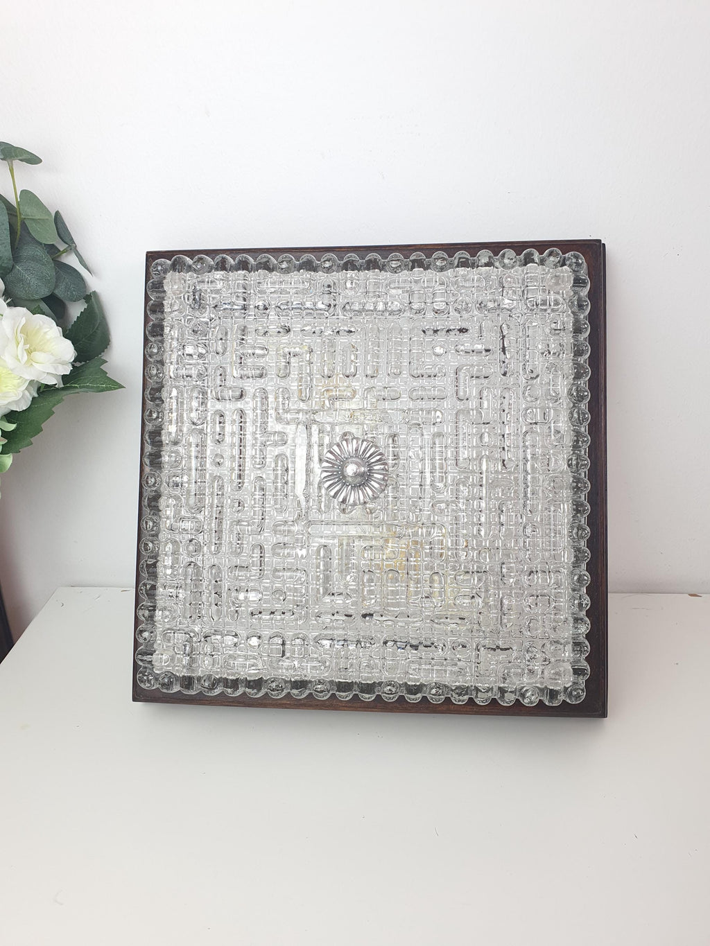 Natural wood frame and stamped ribbed glass contrast, vintage Italian square Brutalist light, 1960s–1970s Italy
