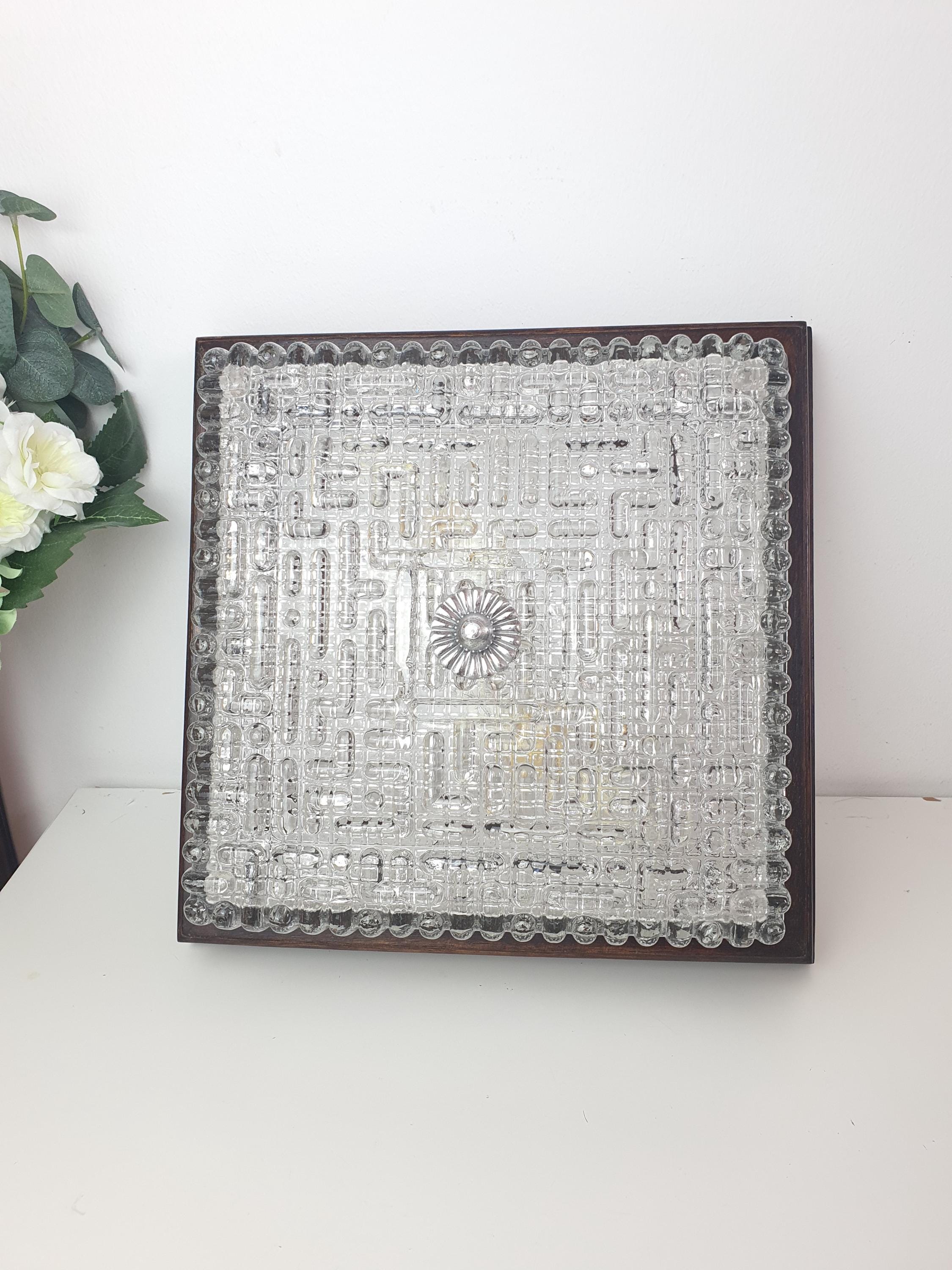 Natural wood frame and stamped ribbed glass contrast, vintage Italian square Brutalist light, 1960s–1970s Italy