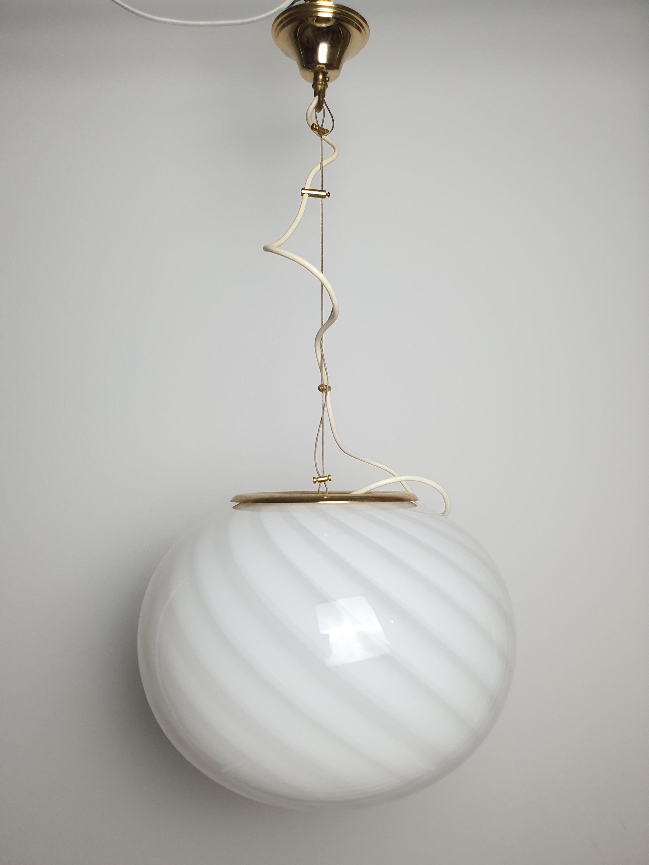 Murano Glass Pendant Light: White Swirl Globe, Vintage MCM Chandelier