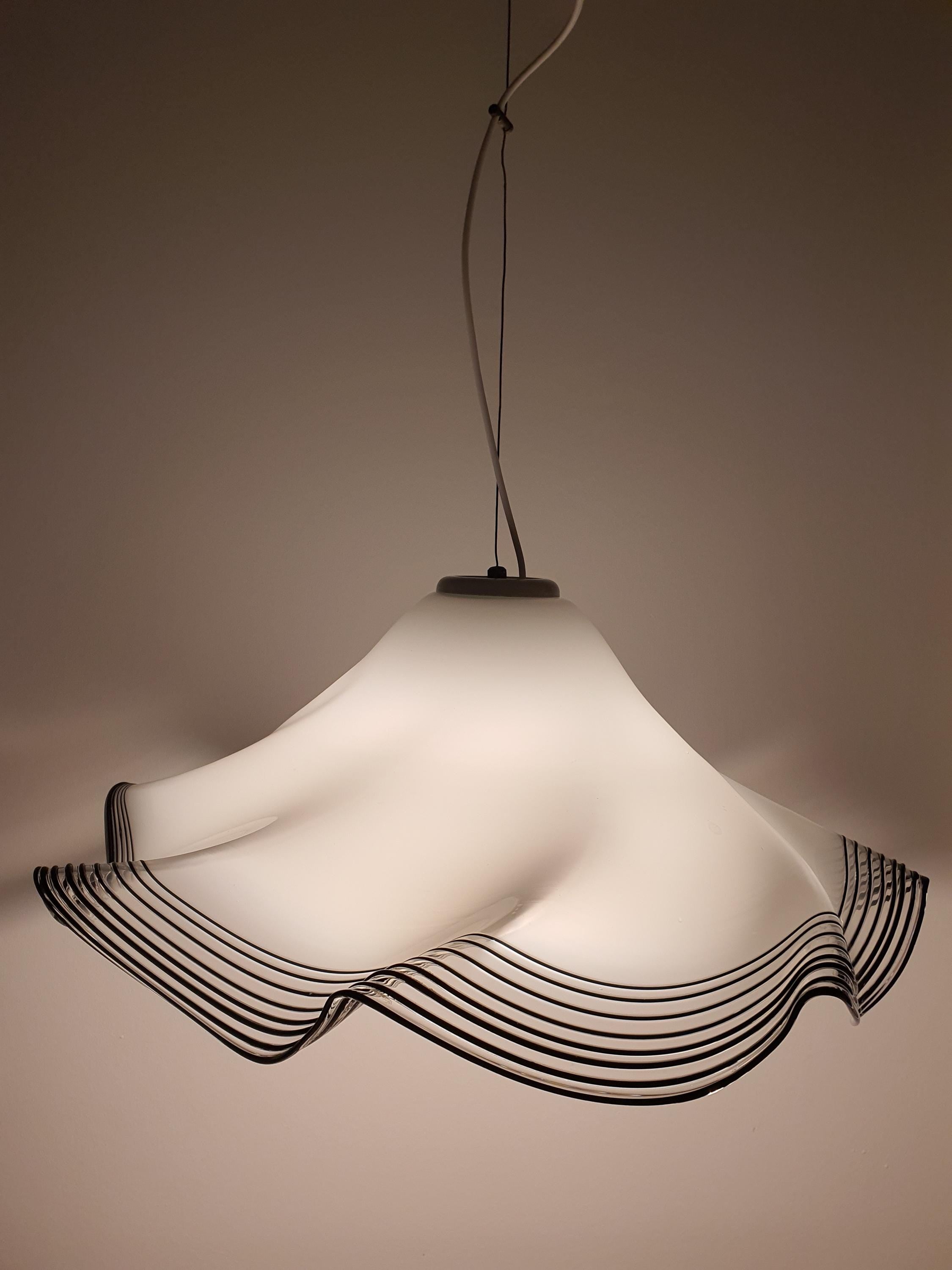 Vintage Murano Glass Pendant Light: Handkerchief Style, Black Stripe Edge