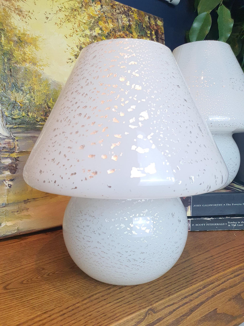 Lampes Champignon en Verre de Murano Vintage – Blanc & Argent, Paire de Chevet Scandinave