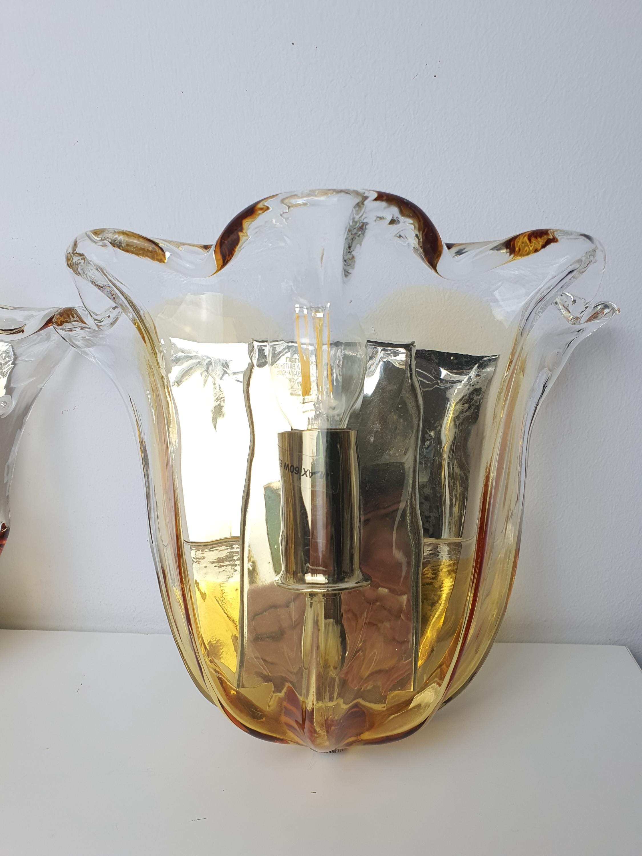 Pair of La Murrina Murano Glass Caramel Wall Sconces Clear Tulip Chrome