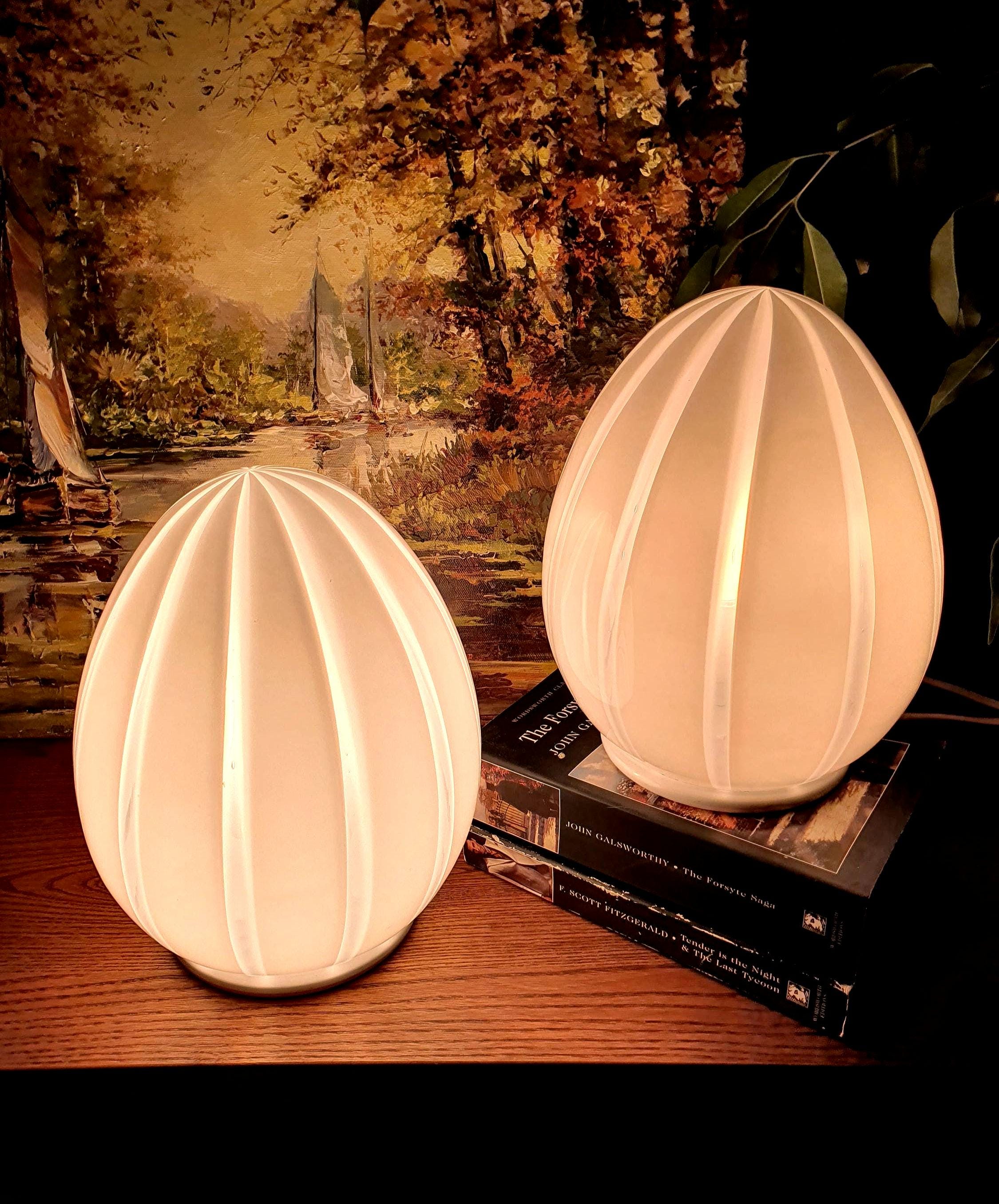 Murano Glass Bedside Lamps: Striped Egg Shape, Mid-Century Modern