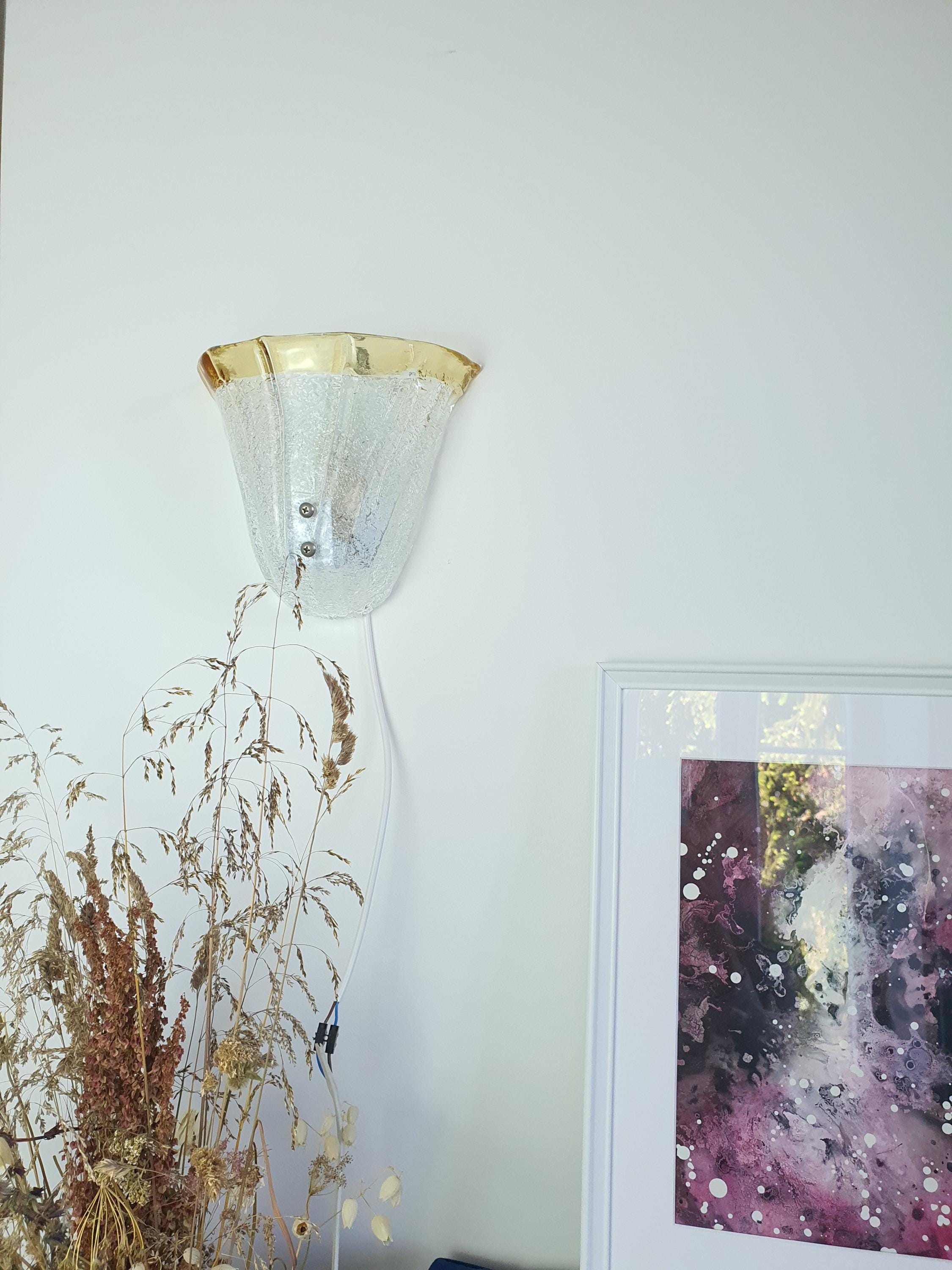 Vintage Murano Glass Floral Wall Sconce: Frosted Yellow Venetian Light