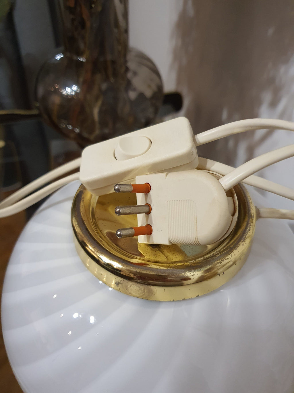 Murano Glass Table Lamp: White Swirl Globe, Golden Base, MCM Bedside Light