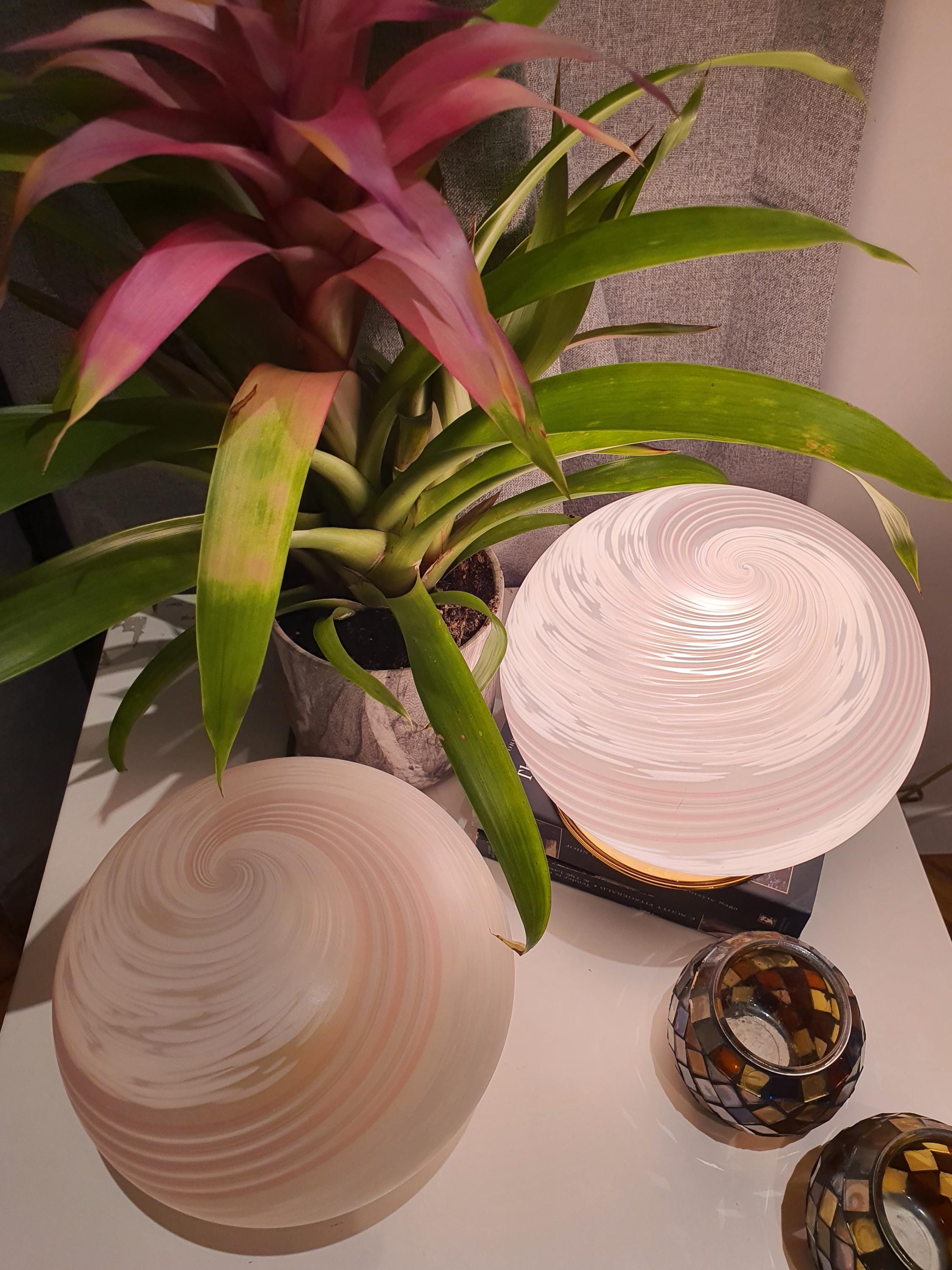 Murano Glass Table Lamps: White Swirl Globe, Golden Base, 1980s Italian MCM