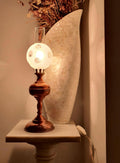 Vintage 1950s Italian copper oil lamp bedside light, frosted and clear spotted glass shade, aged copper patina, post-war Italian