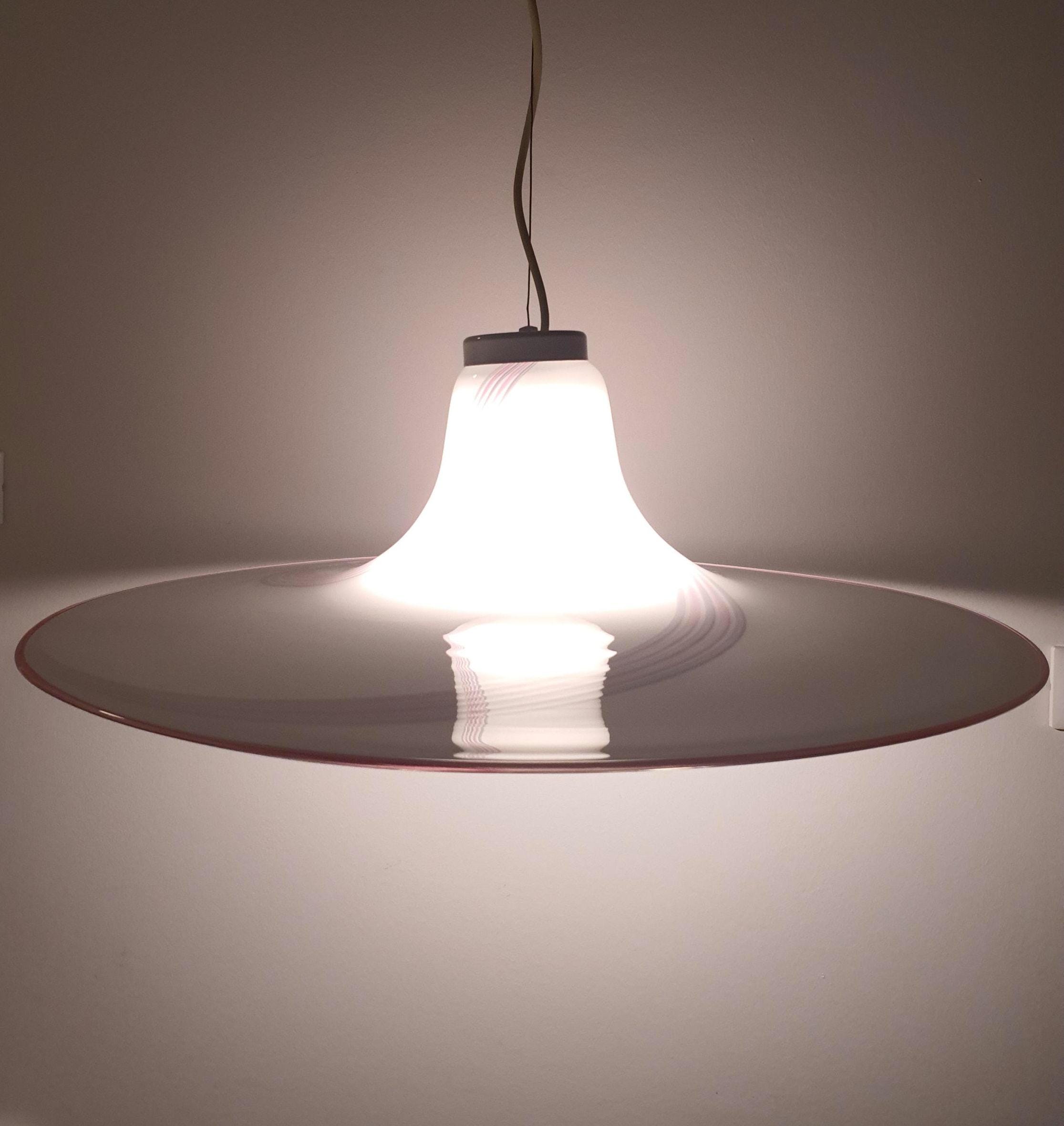 Murano Glass Hat Pendant Light: Pink Gray Swirl, Retro UFO Lamp