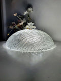 Vintage Murano glass ribbed shell flush mount, thick iced ribbed glass, floral crown detail, brass base, Italy 1960s–1970s