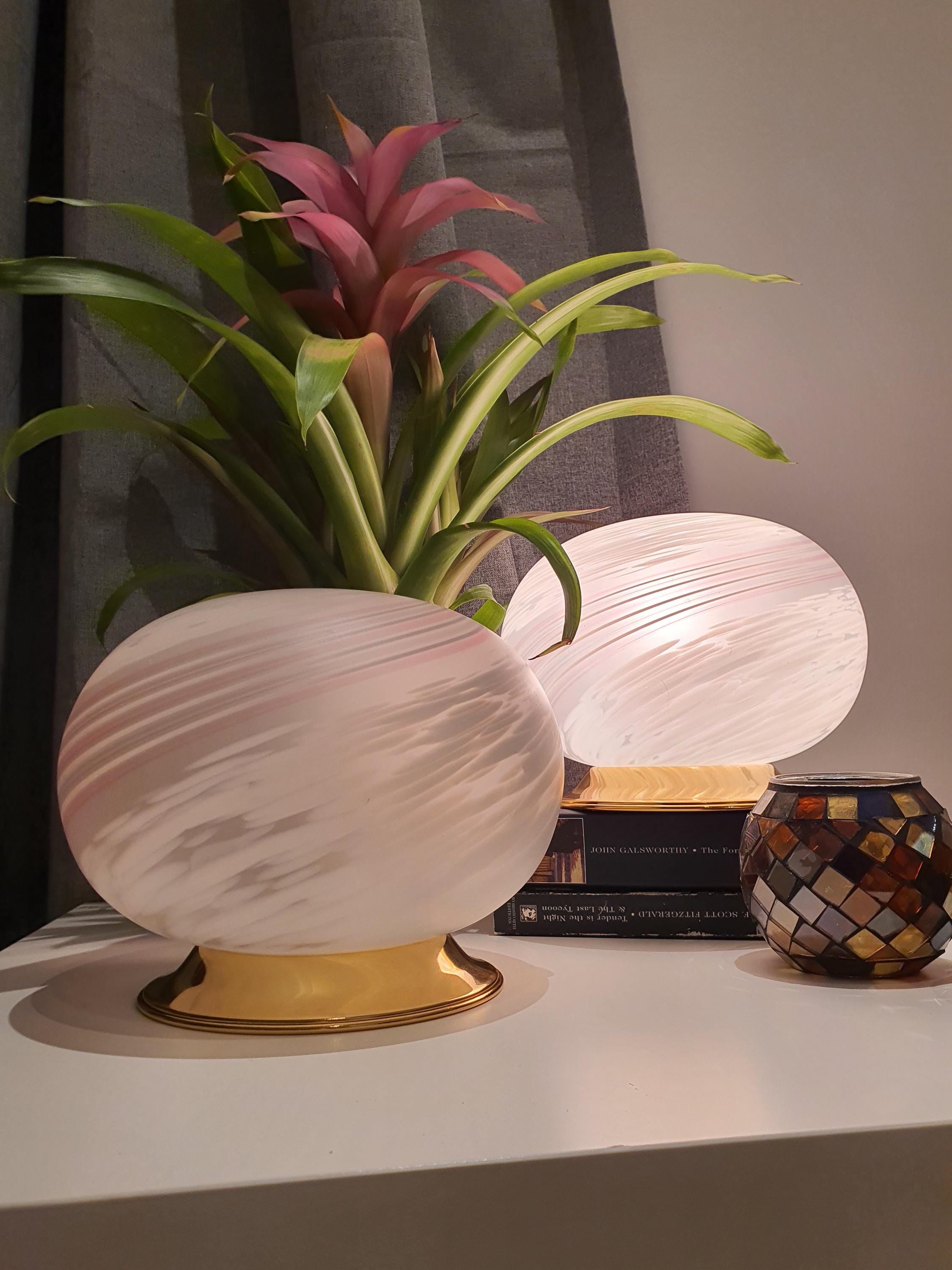 Murano Glass Table Lamps: White Swirl Globe, Golden Base, 1980s Italian MCM