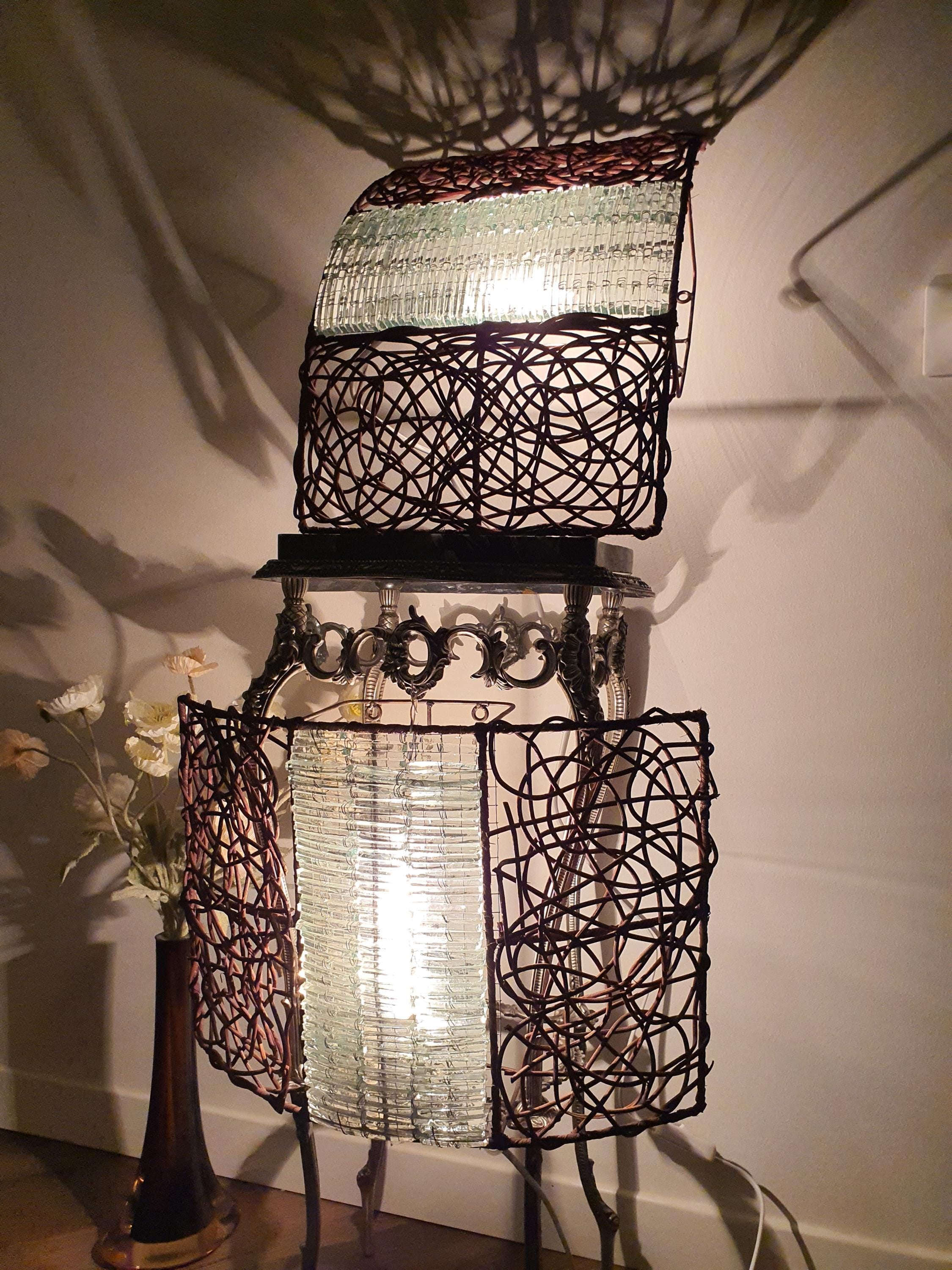 Pair of Large Mosaic Bottle Glass & Rattan Wall Sconces | Handcrafted Vintage Lighting