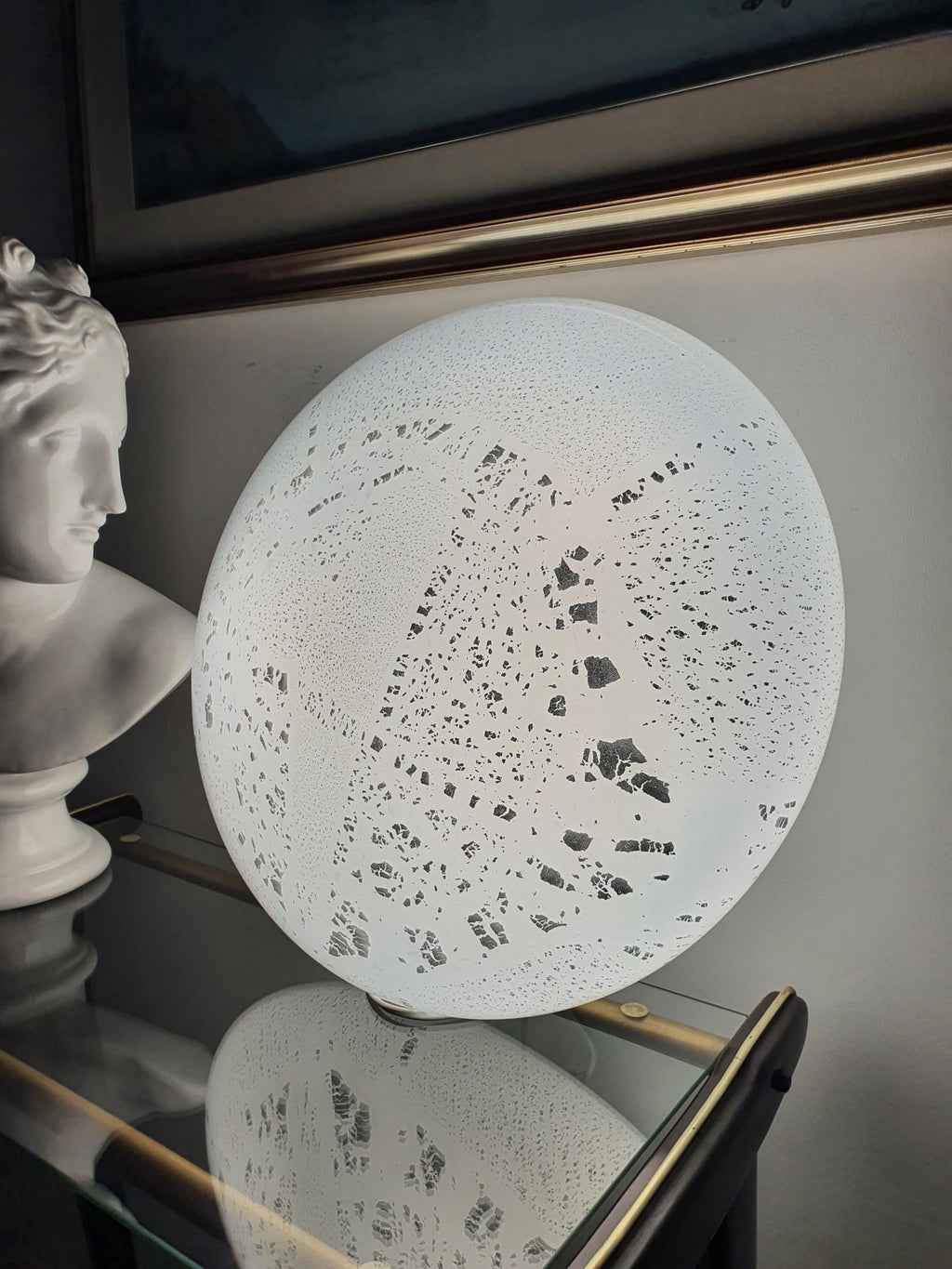 Vintage Murano white silver aventurine flush mount in dining space, constellation effect lit, 46cm, minimalist Italian