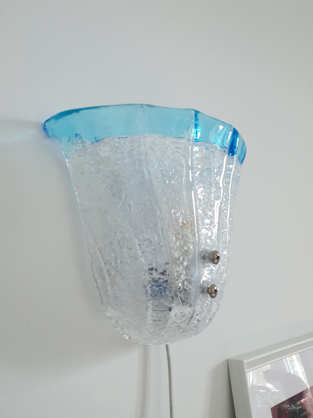 Vintage Murano Glass Floral Wall Sconce: Frosted Clear & Light Blue