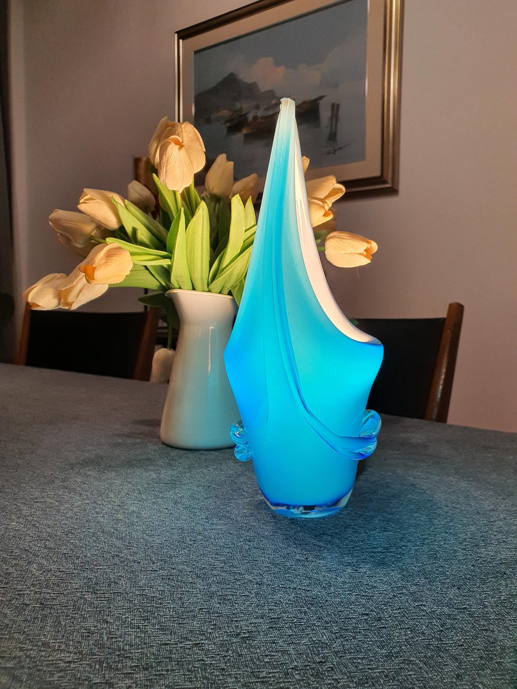 Blue Murano Glass Table Lamp: Italian Vintage Art Deco Bedside Light