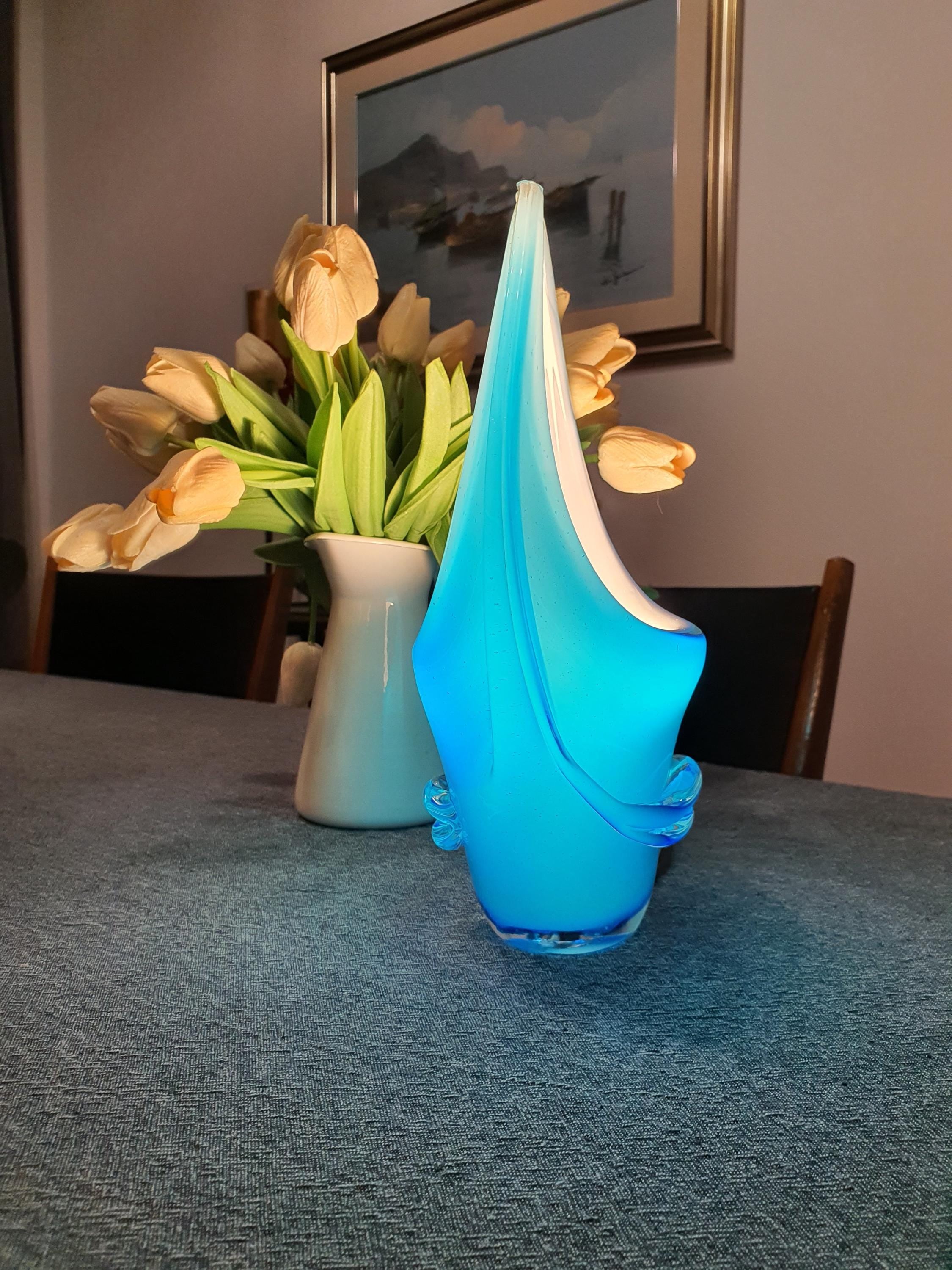 Blue Murano Glass Table Lamp: Italian Vintage Art Deco Bedside Light