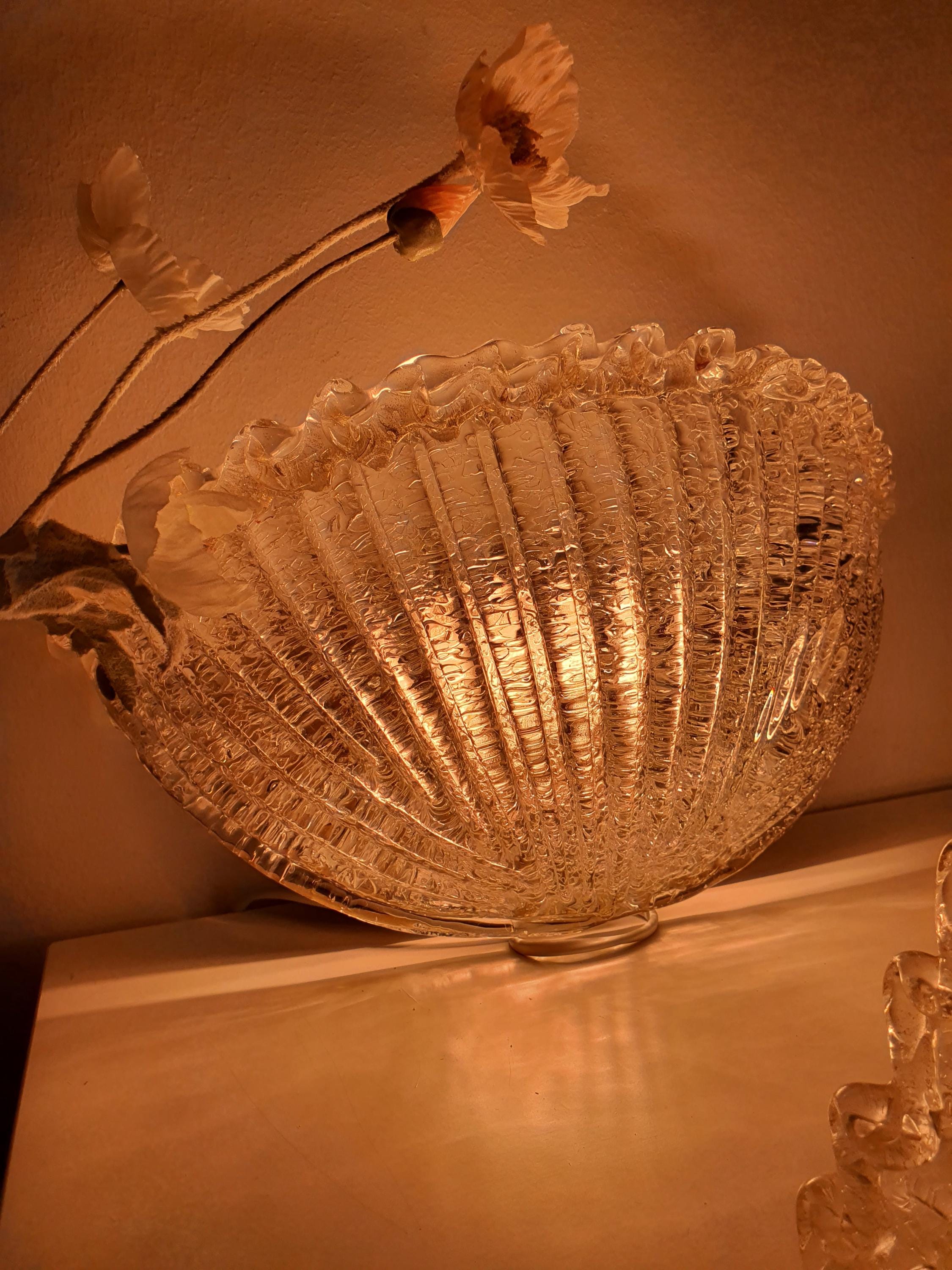 Pair of Murano Glass Shell Wall Sconces | Frosted Venetian Floral Lights | Mid-Century Italian Wall Lamps
