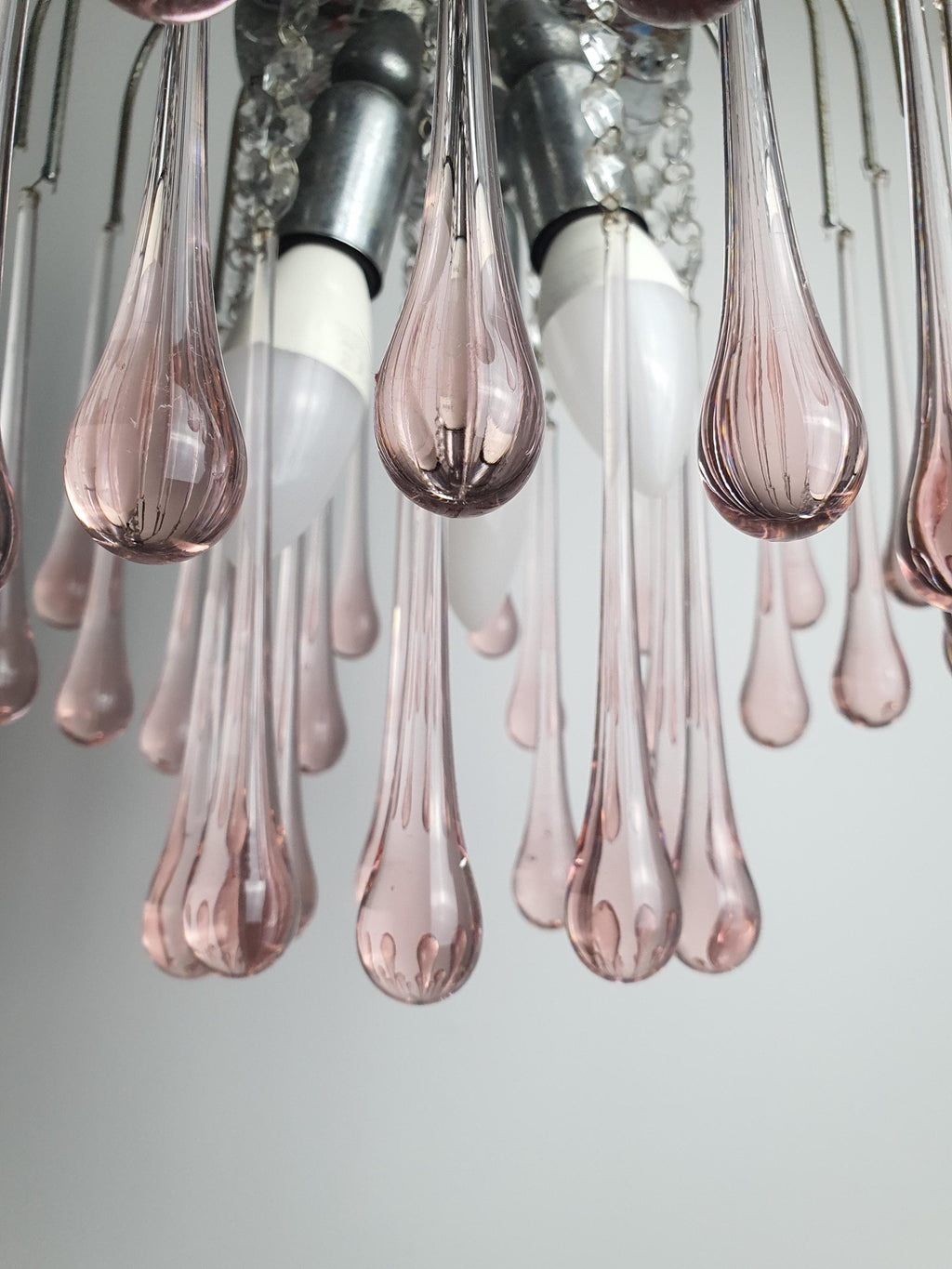 Vintage Murano Glass Pink Teardrops Chandelier | Chrome Base Hollywood Regency Lighting