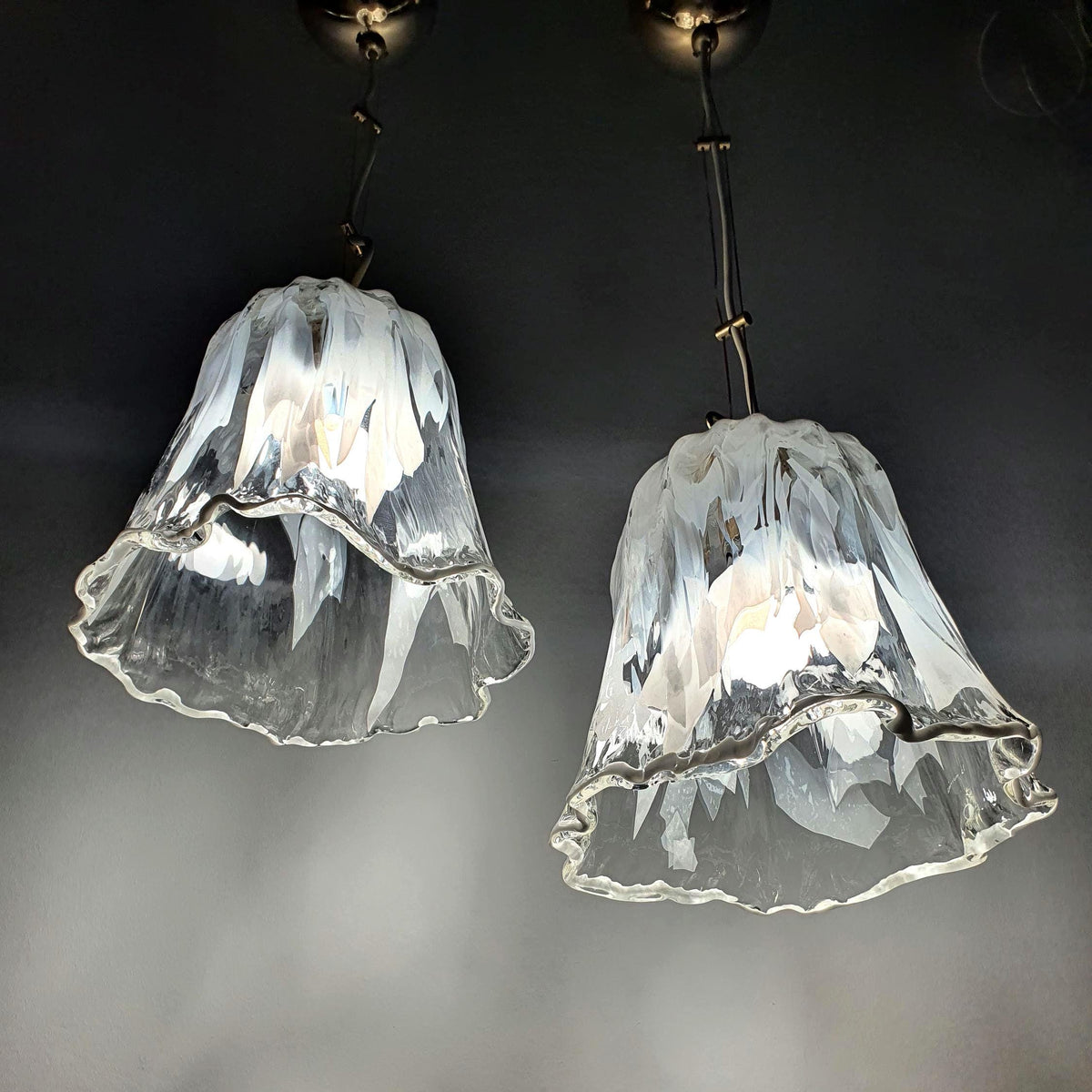 Pair of vintage La Murrina Murano glass pendant lights with white and clear Fazzoletto shades
