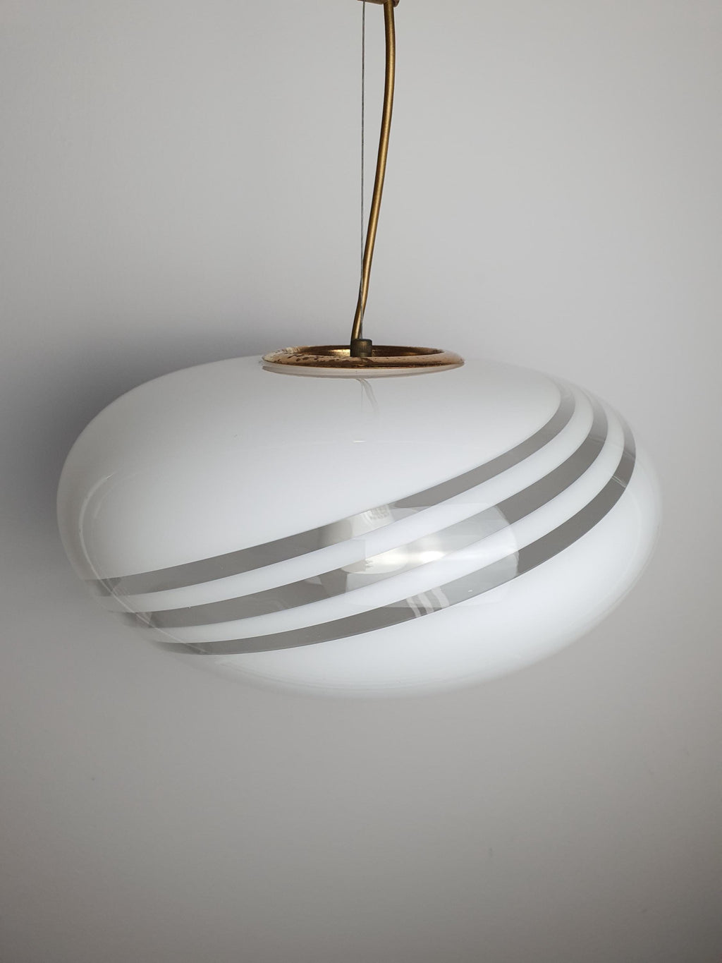 Murano Glass Pendant Light: White Swirl Globe, Italian MCM Lighting