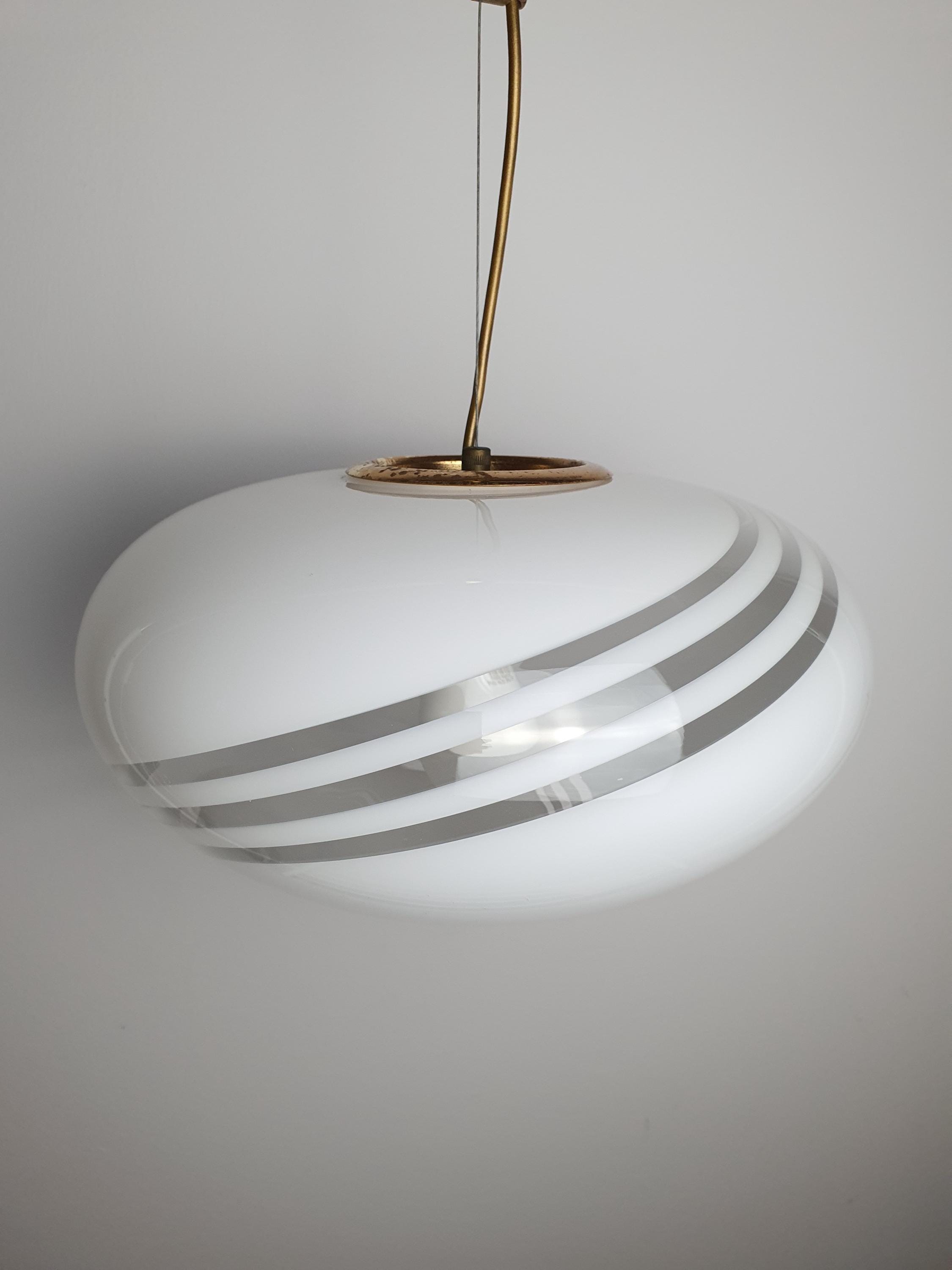 Murano Glass Pendant Light: White Swirl Globe, Italian MCM Lighting