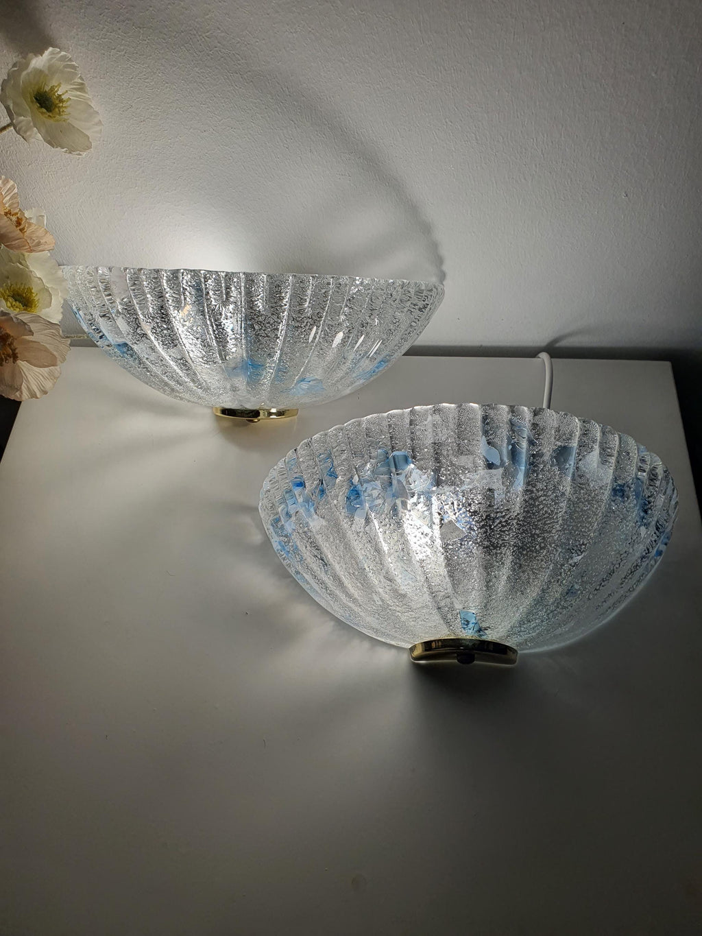 Pair of Vintage Murano Glass Shell Wall Sconces | Frosted Italian Lighting with Blue Accents