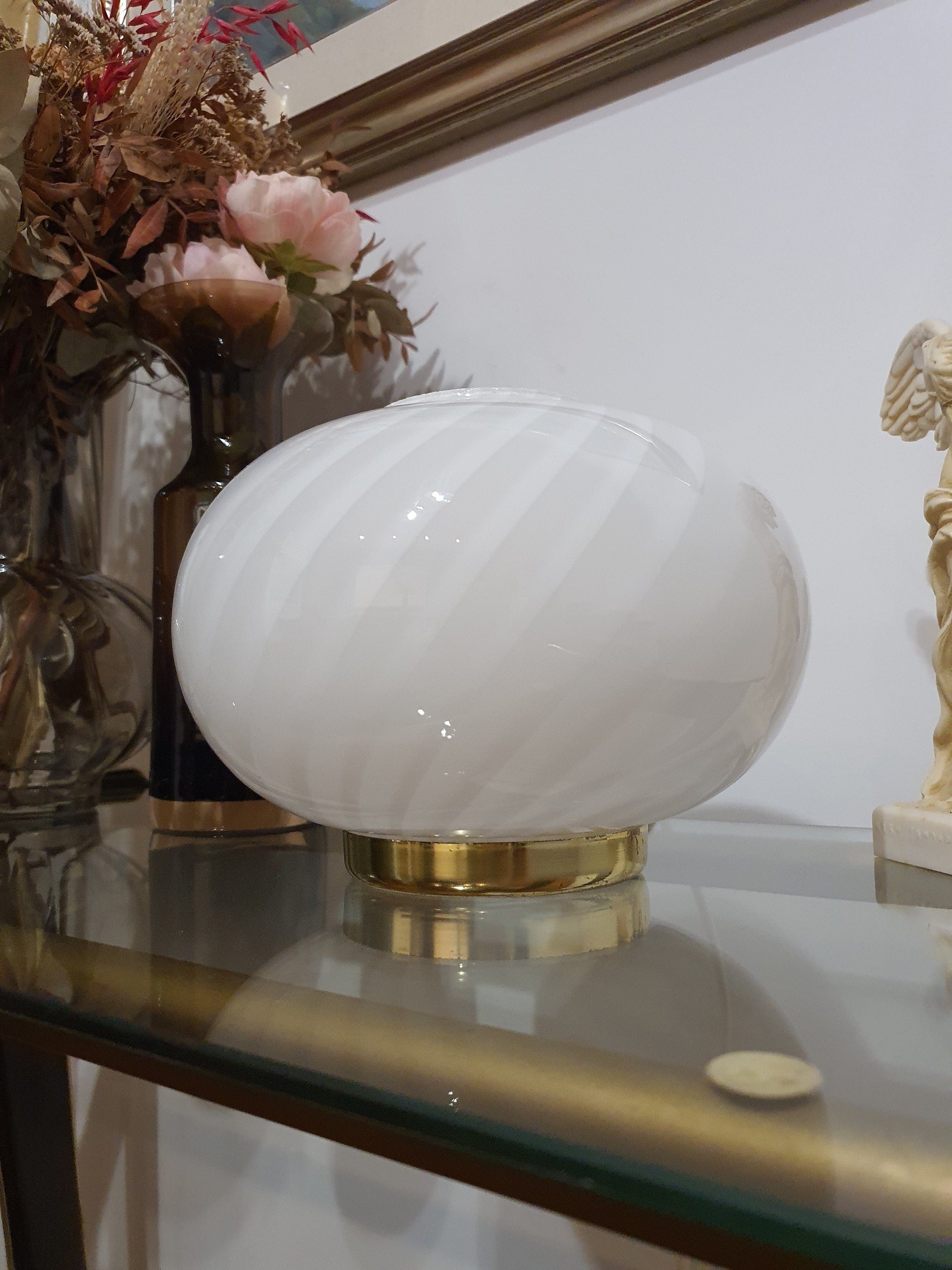 Murano Glass Table Lamp: White Swirl Globe, Golden Base, MCM Bedside Light