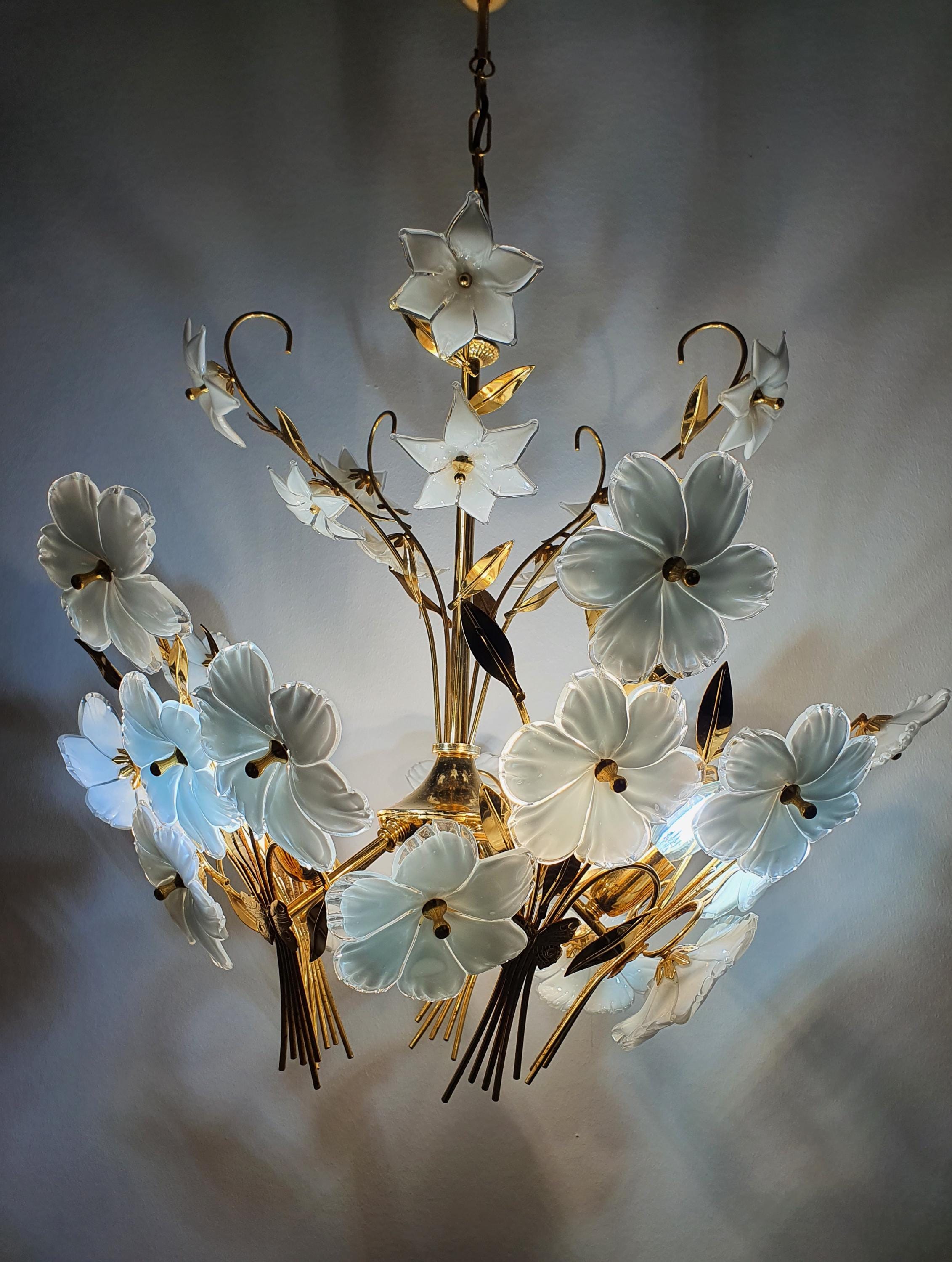 Vintage 1980s Murano floral chandelier front view, white semi-transparent ribbed flowers in varied sizes, gold-tone structure
