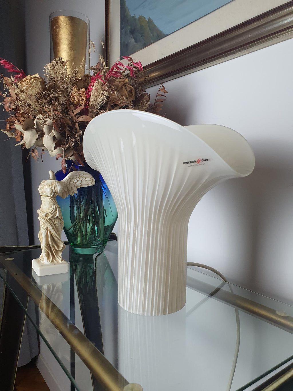 Vintage Murano Due Calla Lily Lamp: Beige Italian Glass Mid-Century Lighting