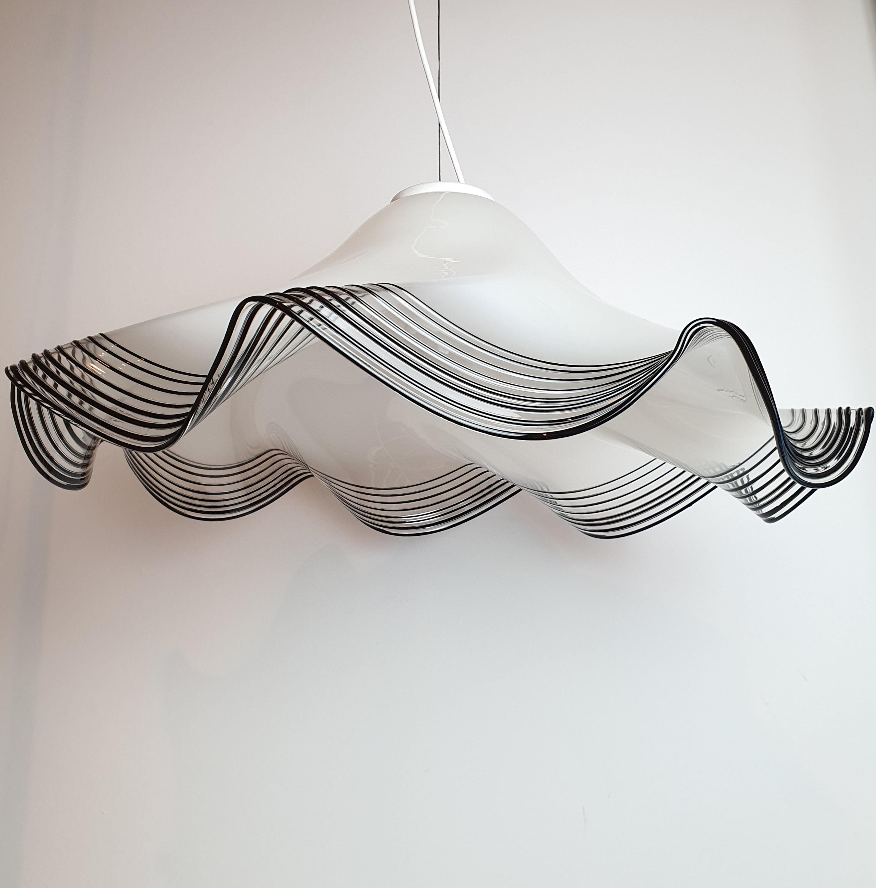 Vintage Murano Glass Pendant Light: Handkerchief Style, Black Stripe Edge