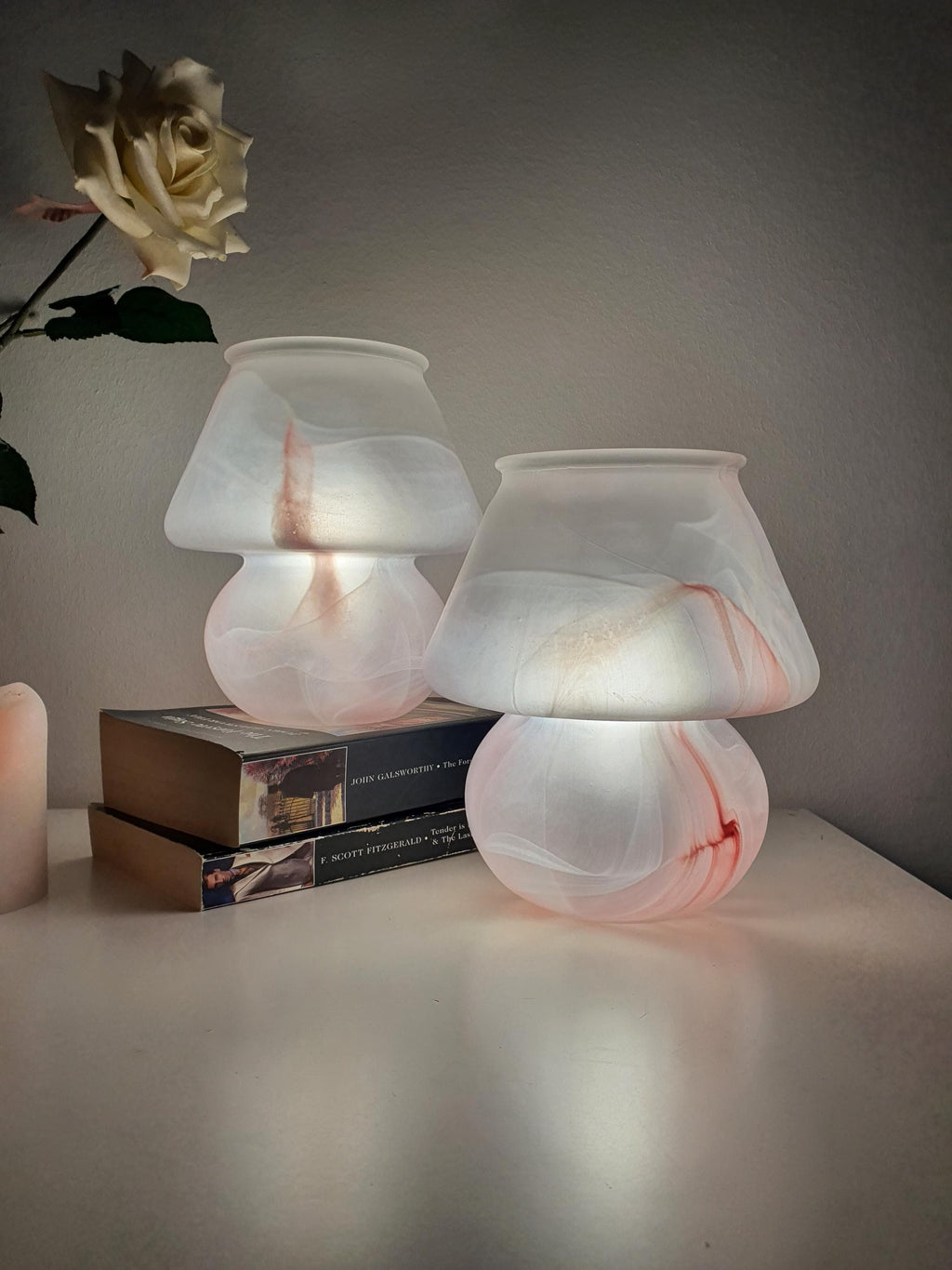 Matching pair of thick glass mushroom table lamps by Due P. Murano
