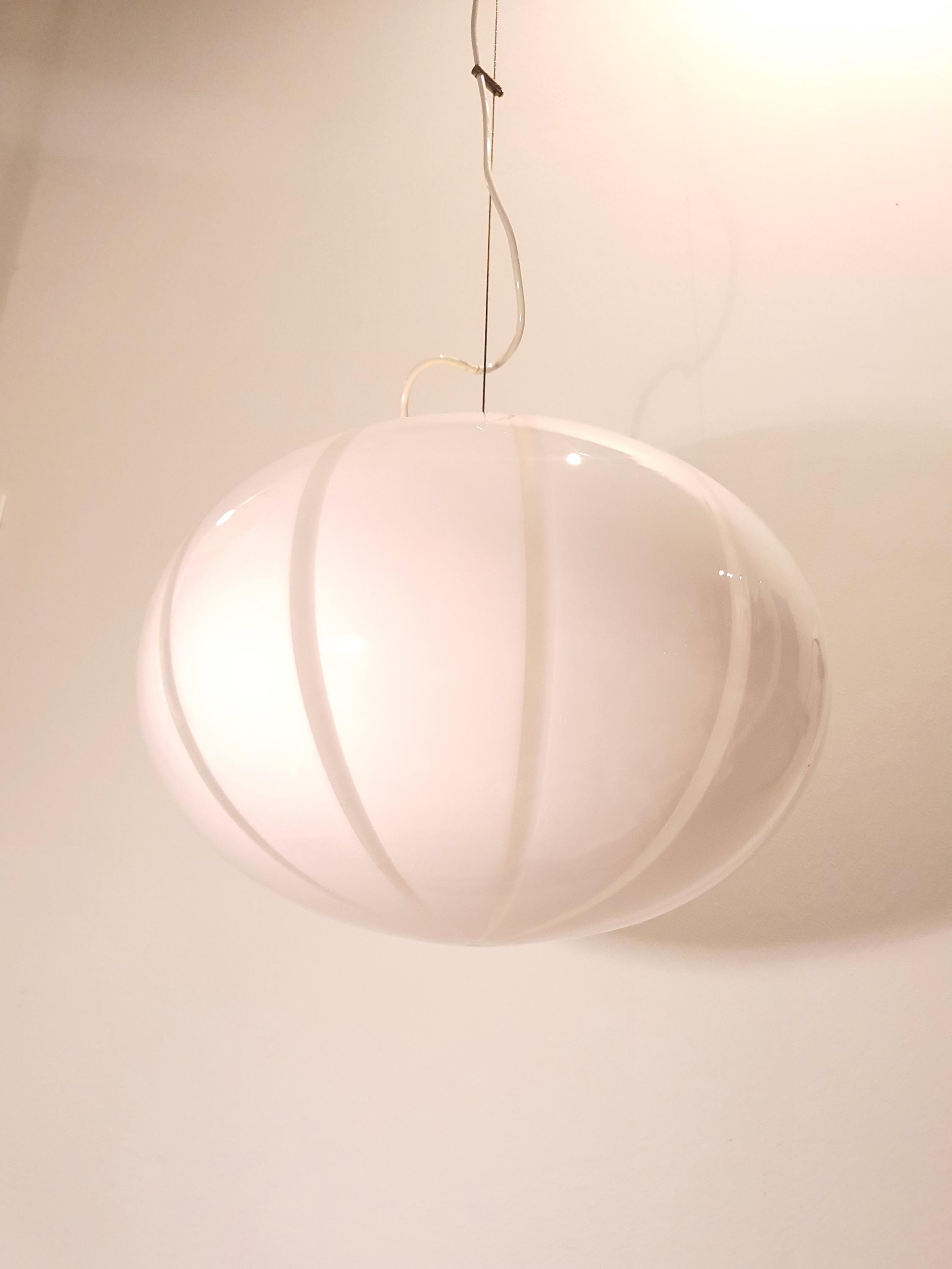 Vintage Murano Glass Globe Pendant Light: Striped White Ball Lamp