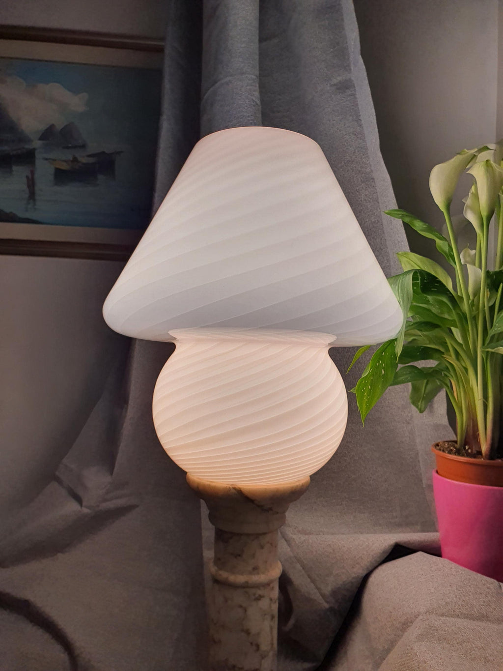 Large Murano Glass Mushroom Lamp Pink Swirl Vintage Bedside Light