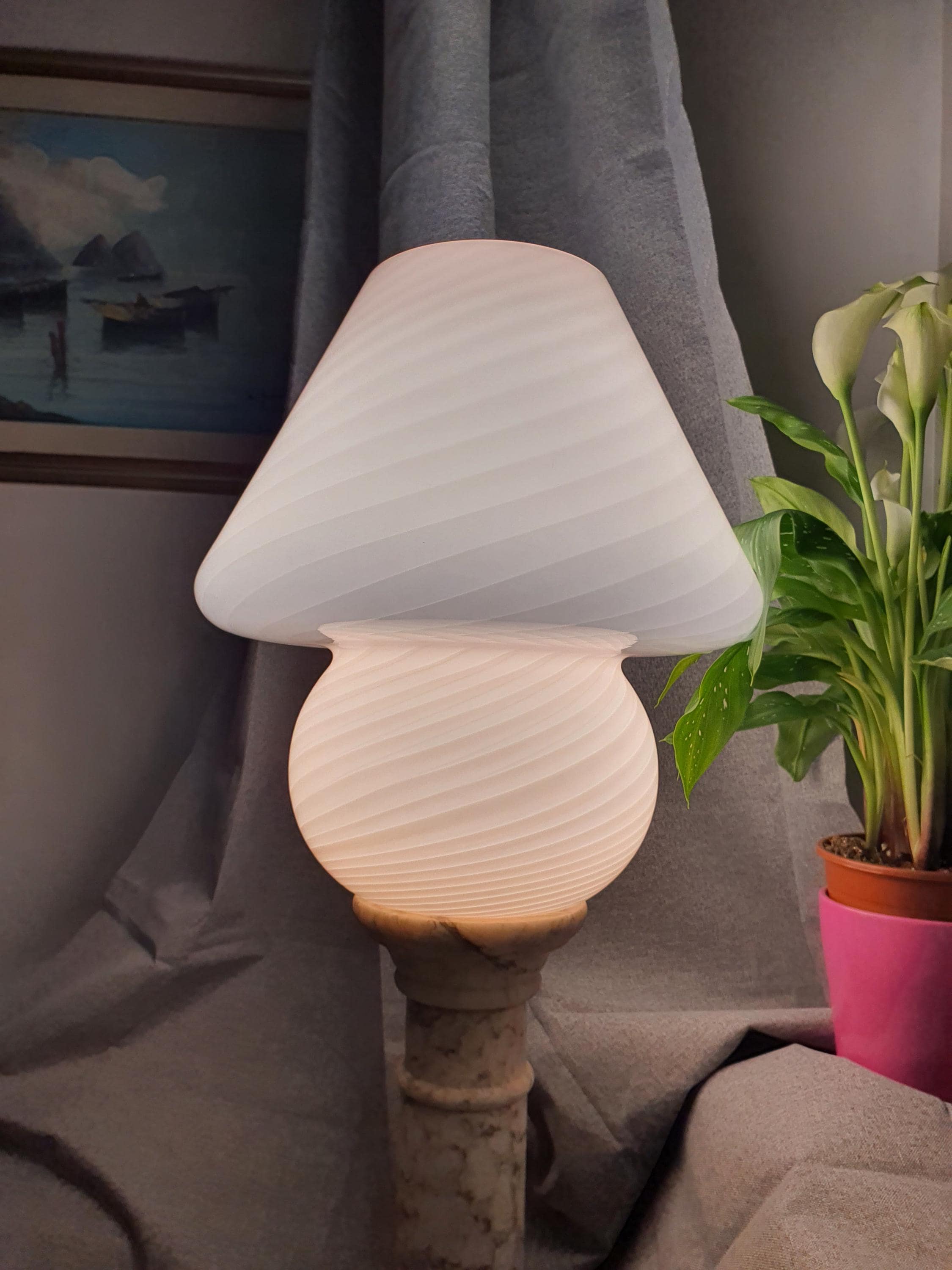Large Murano Glass Mushroom Lamp Pink Swirl Vintage Bedside Light