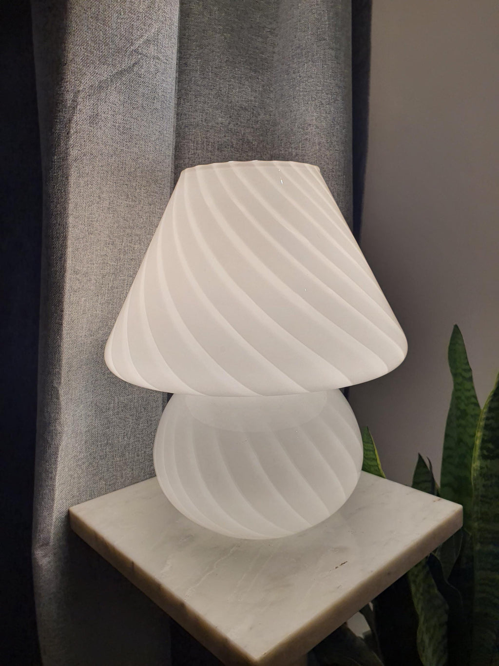 Vintage Murano Glass Mushroom Lamp: White Swirl, MCM Bedside Light