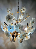 Large vintage 1980s Murano glass floral chandelier, white ribbed flowers, gold-tone frame, Hollywood Regency statement lighting