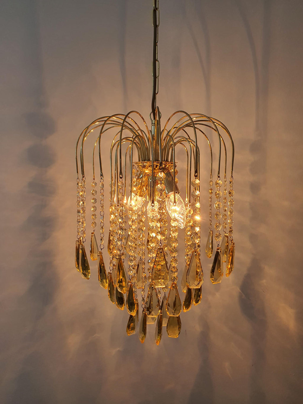 Vintage Honey Yellow Teardrop Chandelier: 1980s Hollywood Regency Gold Light