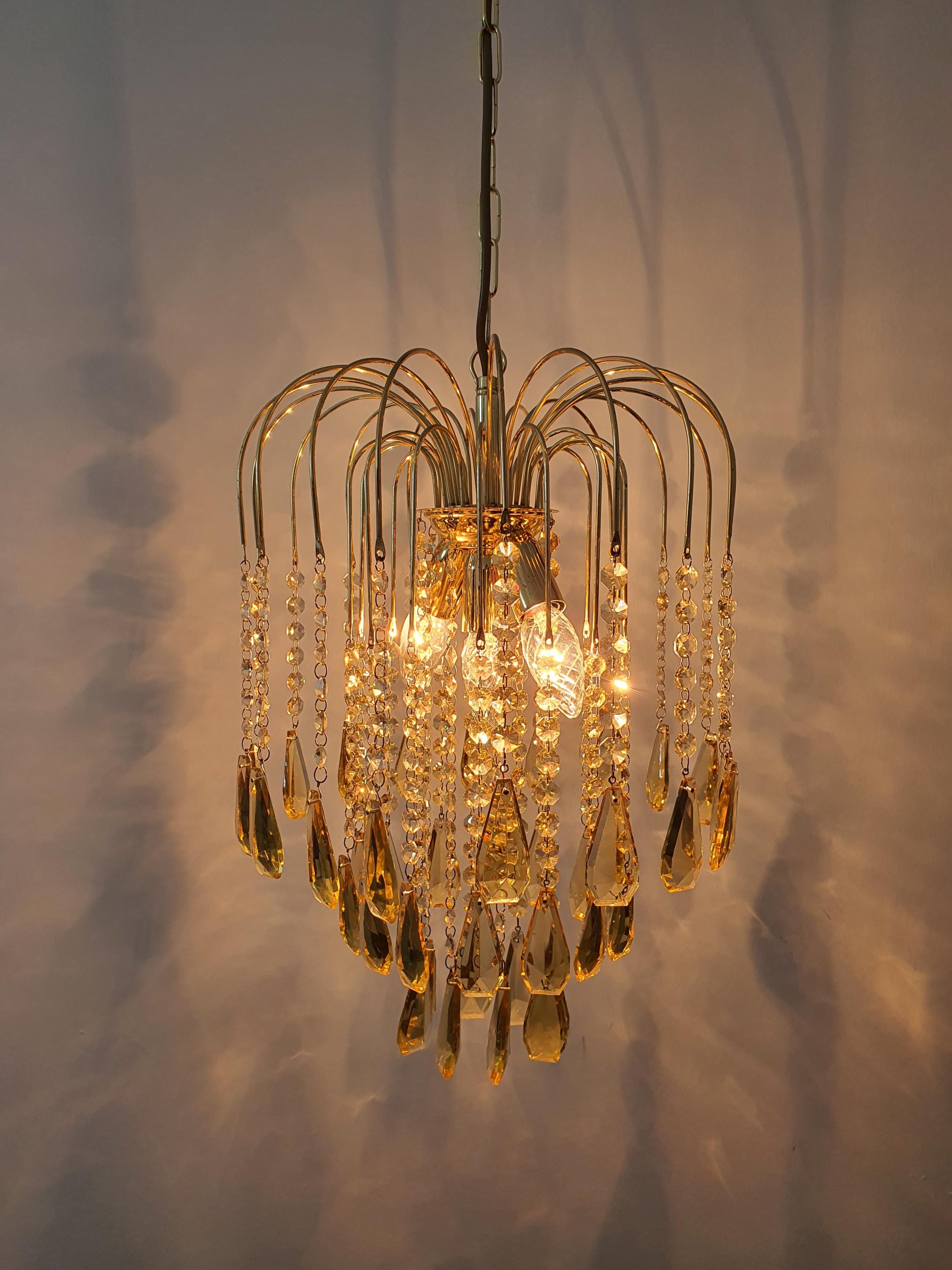 Vintage Honey Yellow Teardrop Chandelier: 1980s Hollywood Regency Gold Light