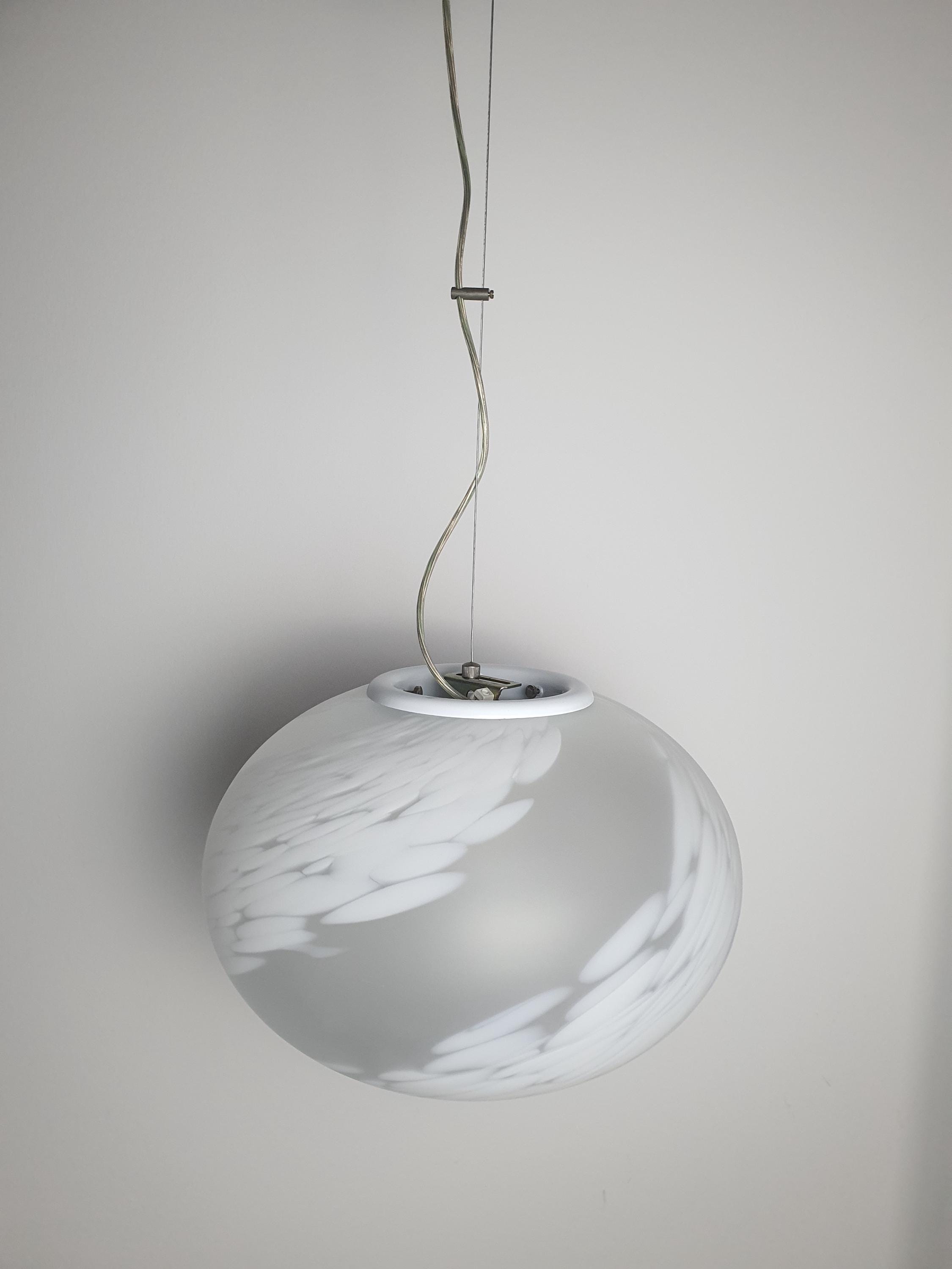 White Spotted Murano Glass Globe Pendant Light: Mid-Century Modern Italian Lighting
