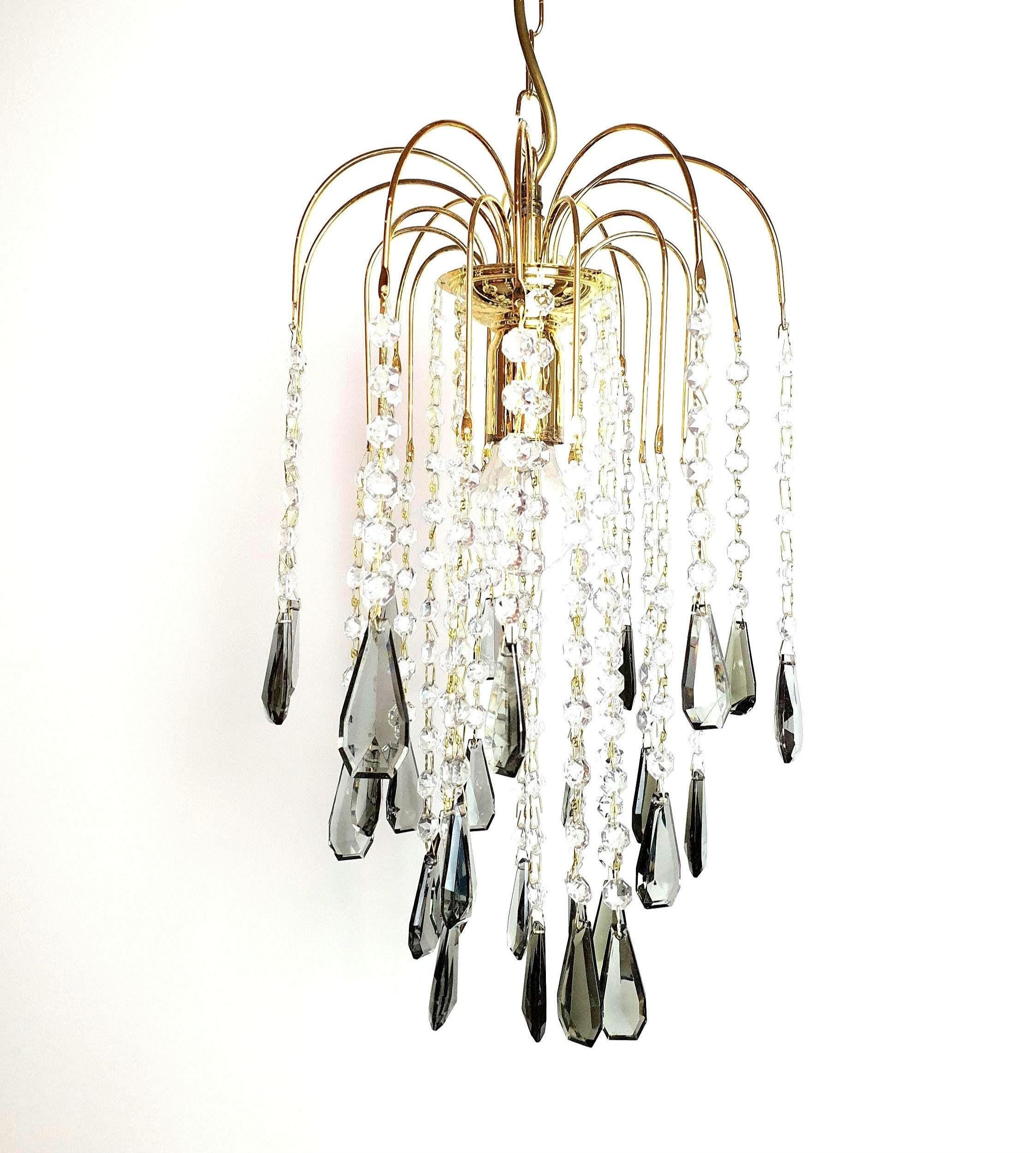 Vintage Waterfall Chandelier: Gray Teardrop Crystals, Hollywood Regency Lighting
