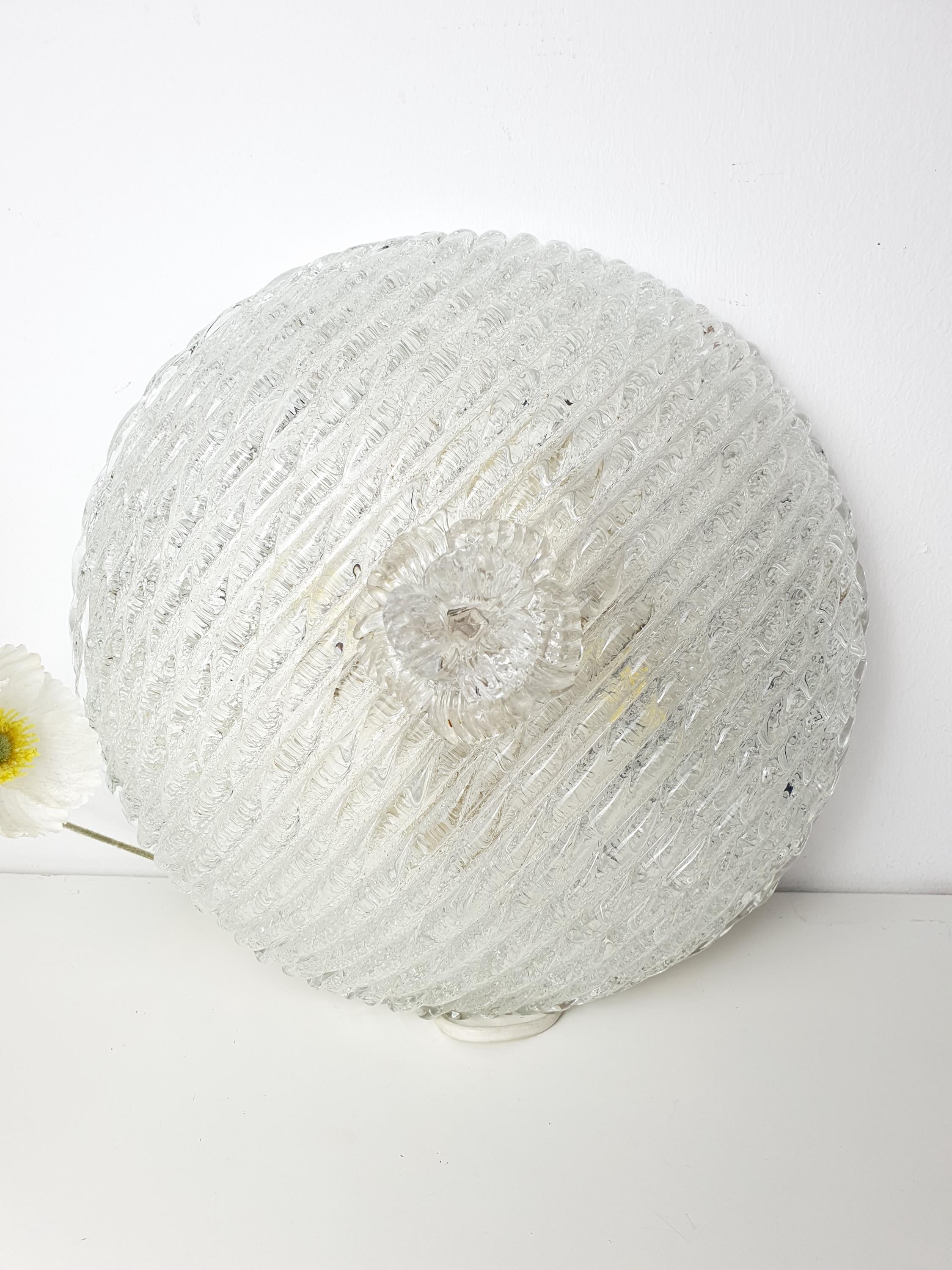 Murano ribbed shell flush mount side profile, showing 12cm low-profile depth, thick ribbed iced glass and brass base
