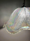 Vintage-Muranoglas Fazzoletto tulip Pendelleuchte, große, iridescent rainbow finish mit petrol blau violet rosa reflections, Italy