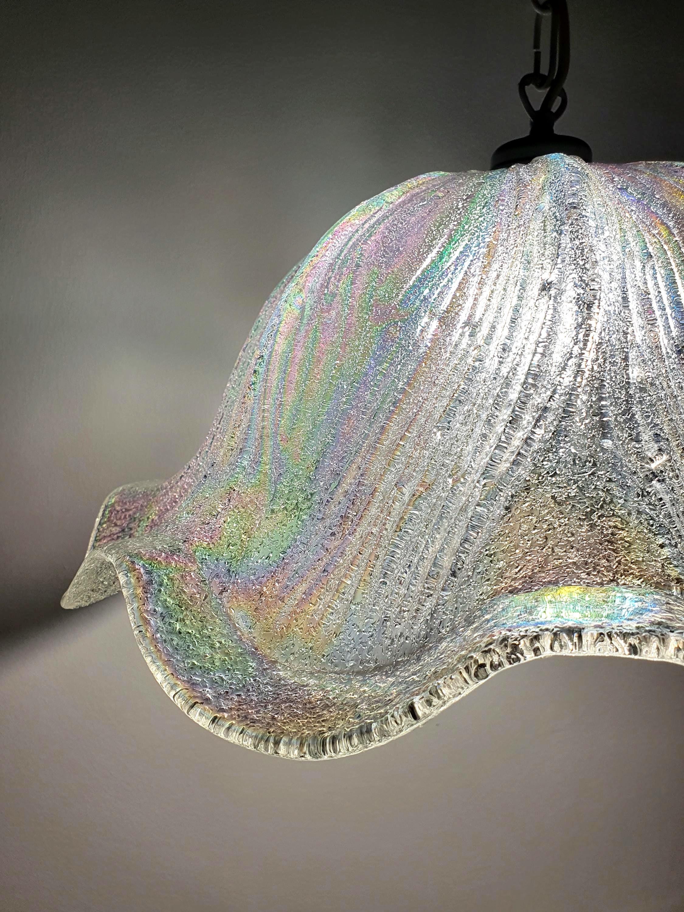Vintage Murano glass Fazzoletto tulip pendant, large, iridescent rainbow finish with petrol blue violet pink reflections, Italy