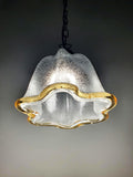 Vintage Murano glass bell tulip pendant, graniglia icy glass interior, smooth glossy exterior, yellow accent rim, bronze chain, Italy 1970s