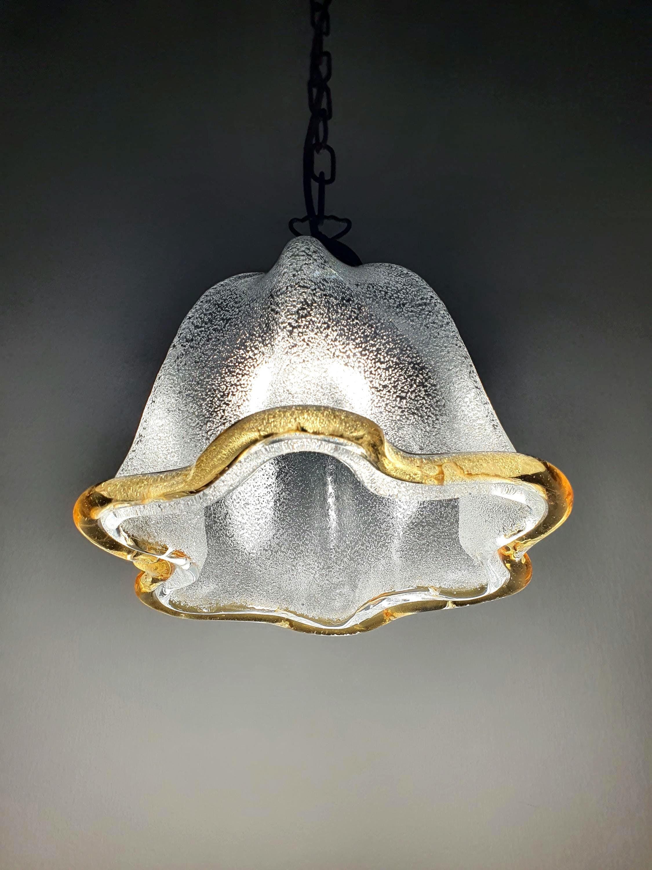 Vintage Murano glass bell tulip pendant, graniglia icy glass interior, smooth glossy exterior, yellow accent rim, bronze chain, Italy 1970s