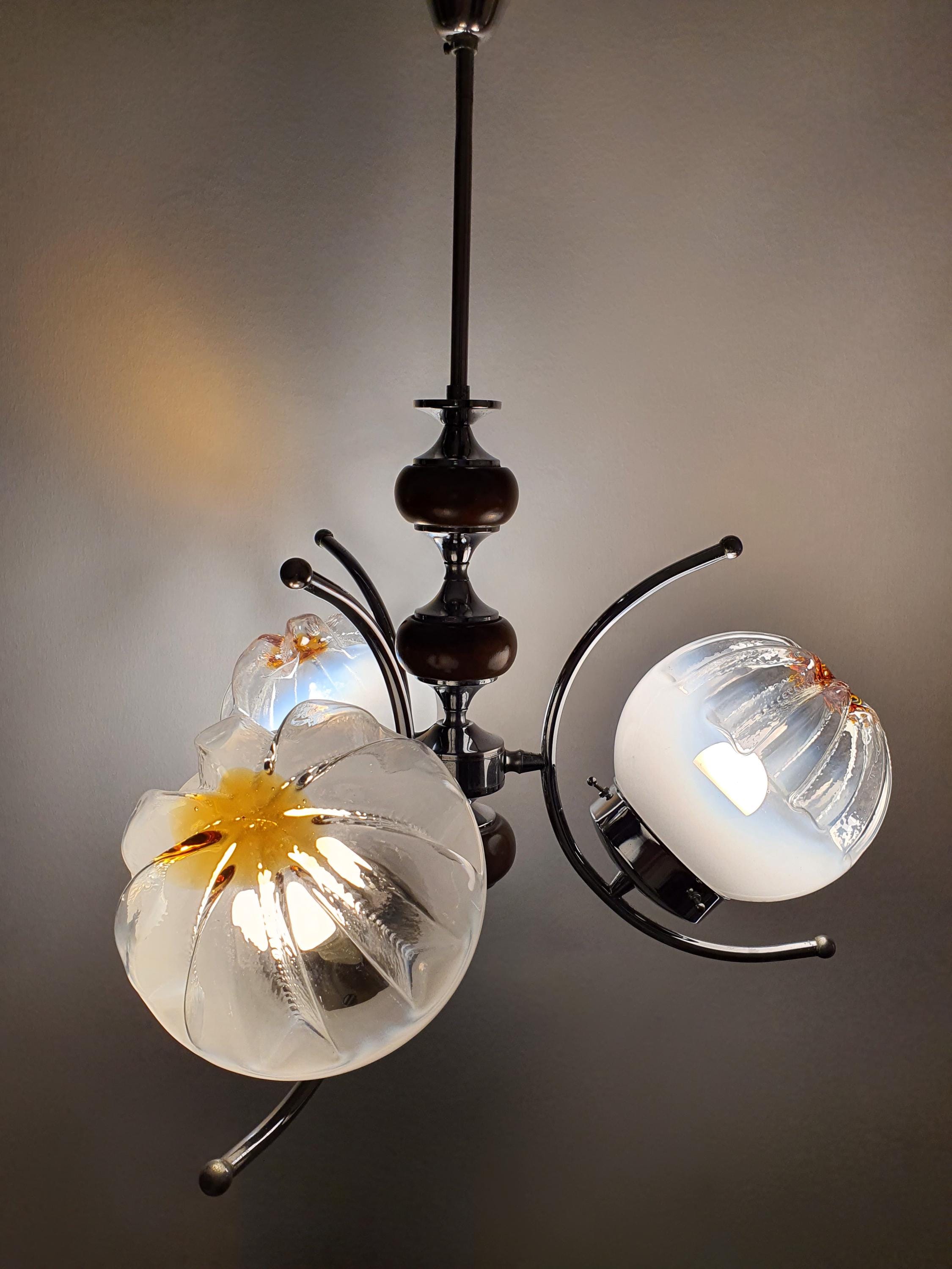 Vintage Murano Glass Chandelier | Mazzega Style | 3-Arm Globes | Chrome & Wooden Base