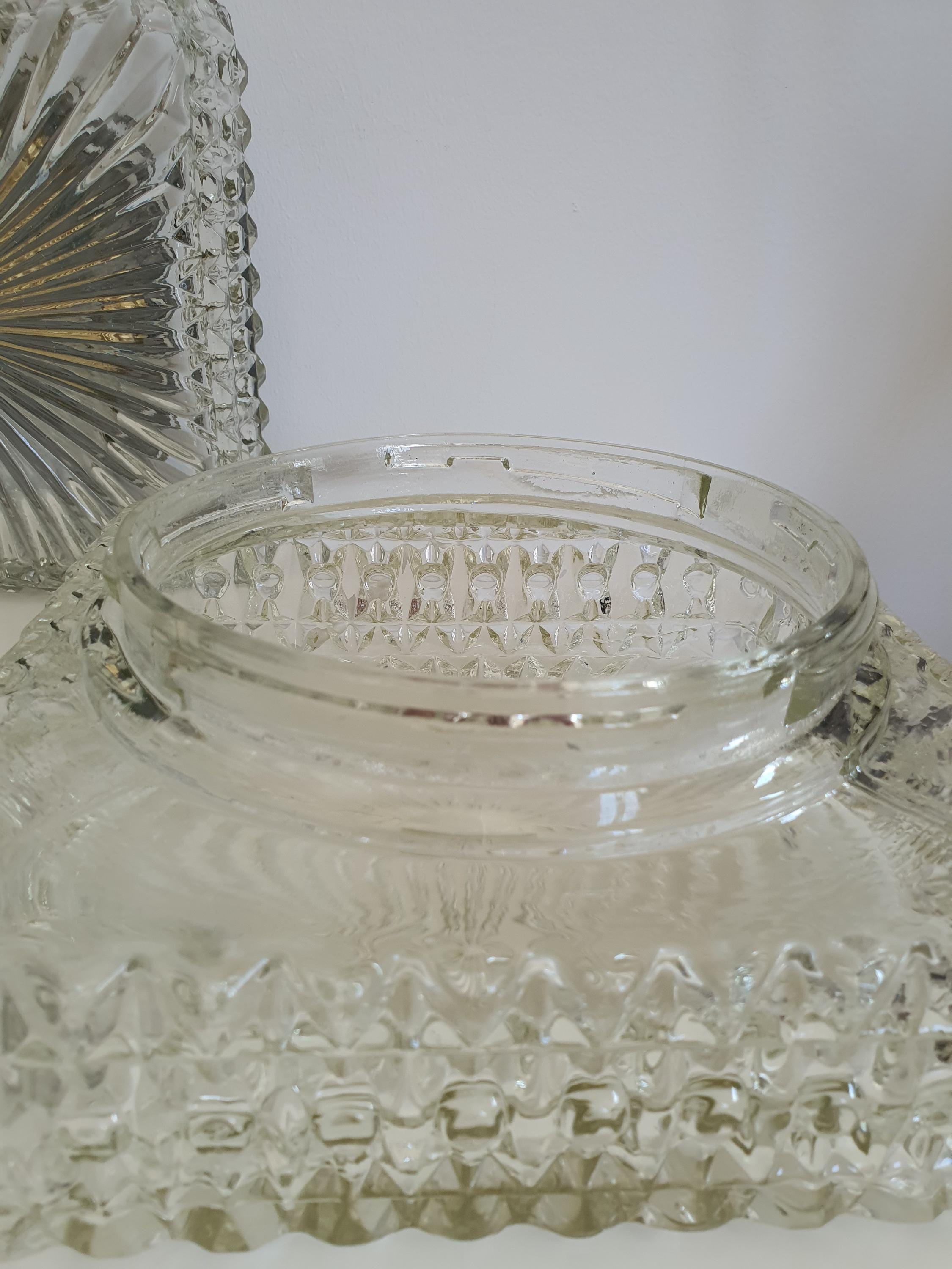 Pair of Brutalist Square Glass Wall Sconces or Ceiling Lights | Art Deco Light Fixtures | Mid-Century Modern Textured Glass Lamps