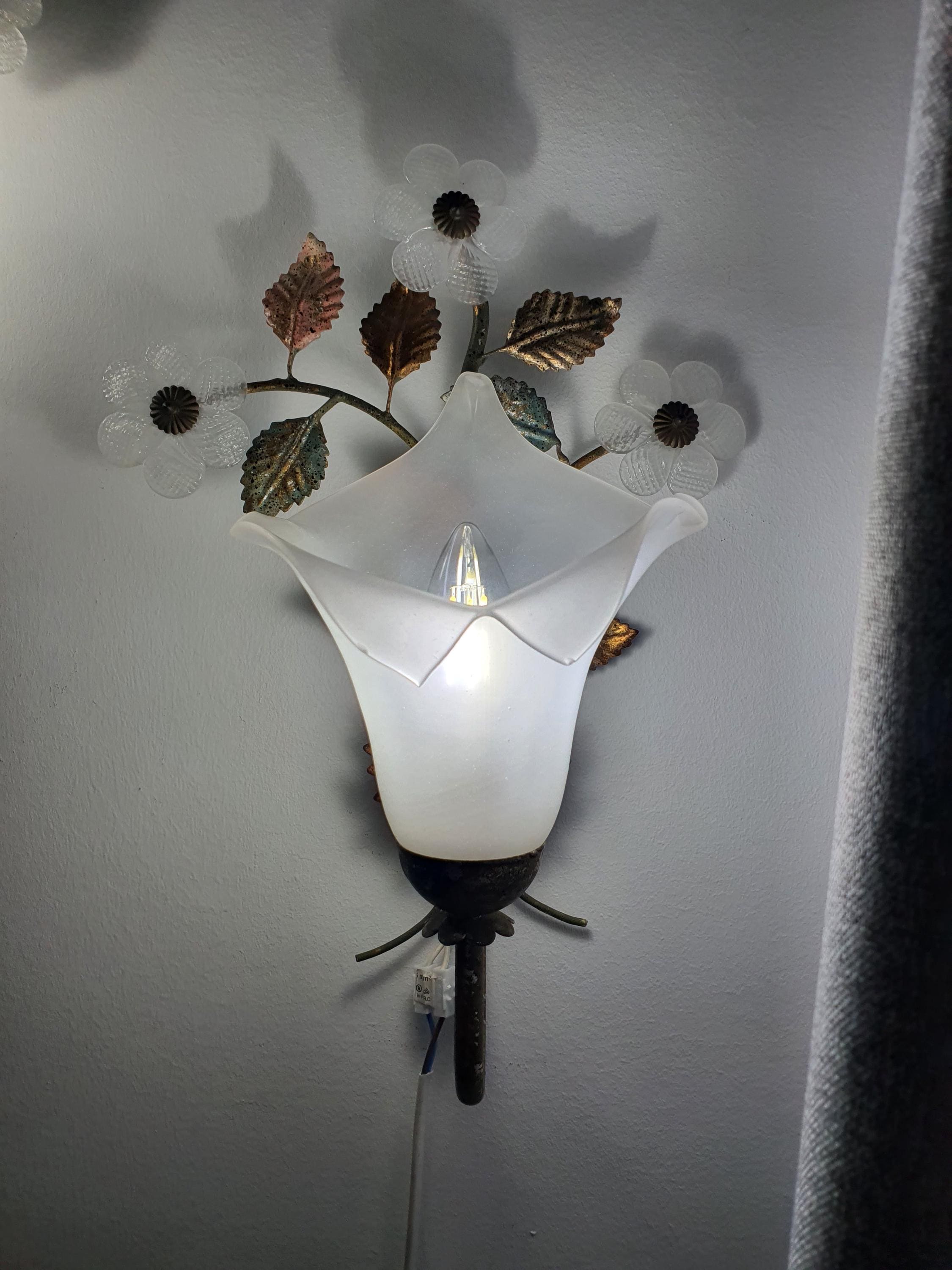 Vintage Italian toleware Murano glass floral sconce side profile, showing 18cm depth, calla lily shades and bronze metalwork
