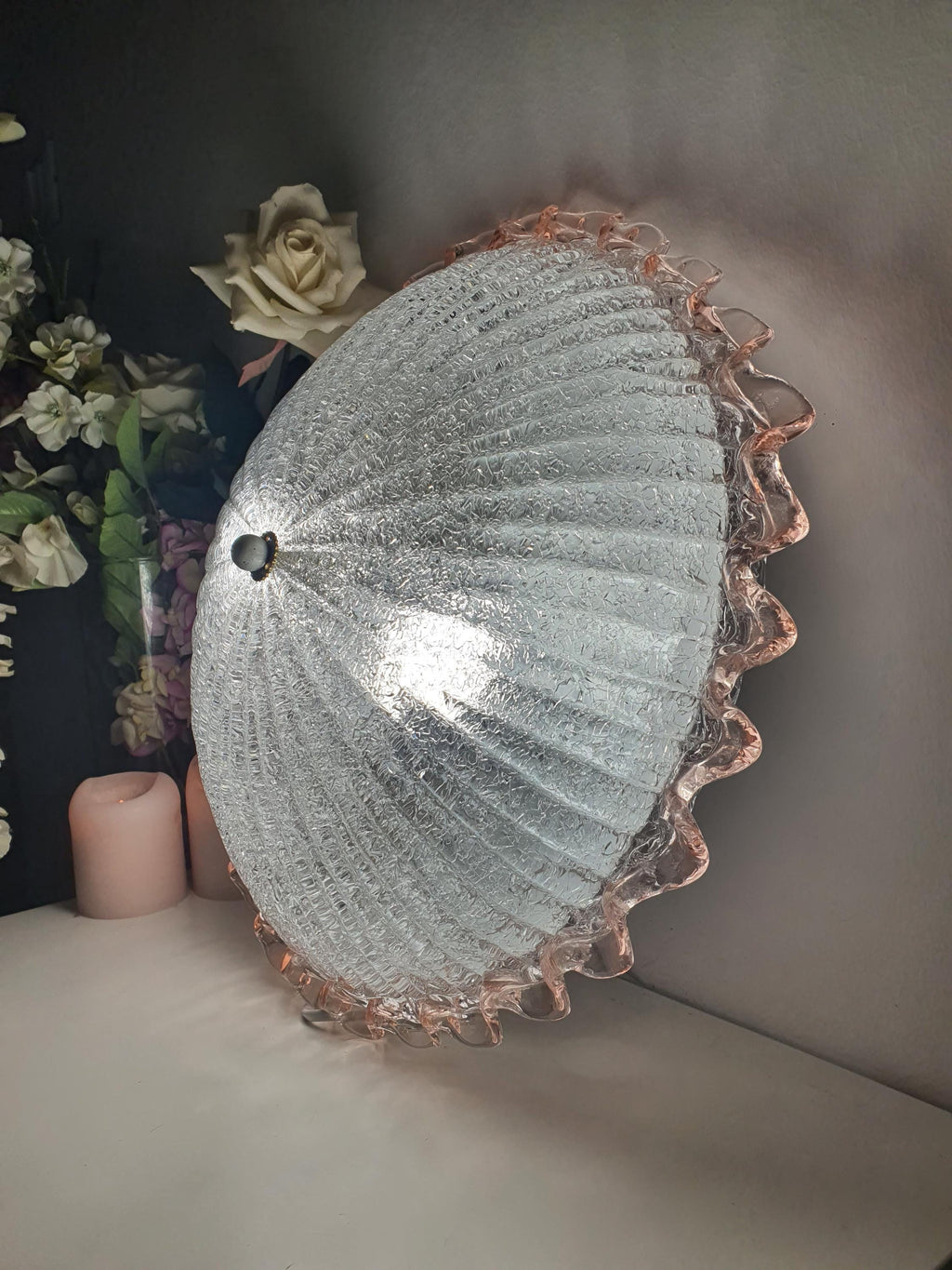 Murano floral flush mount side profile, showing 11cm low-profile depth, frosted shell relief and pink accent rim
